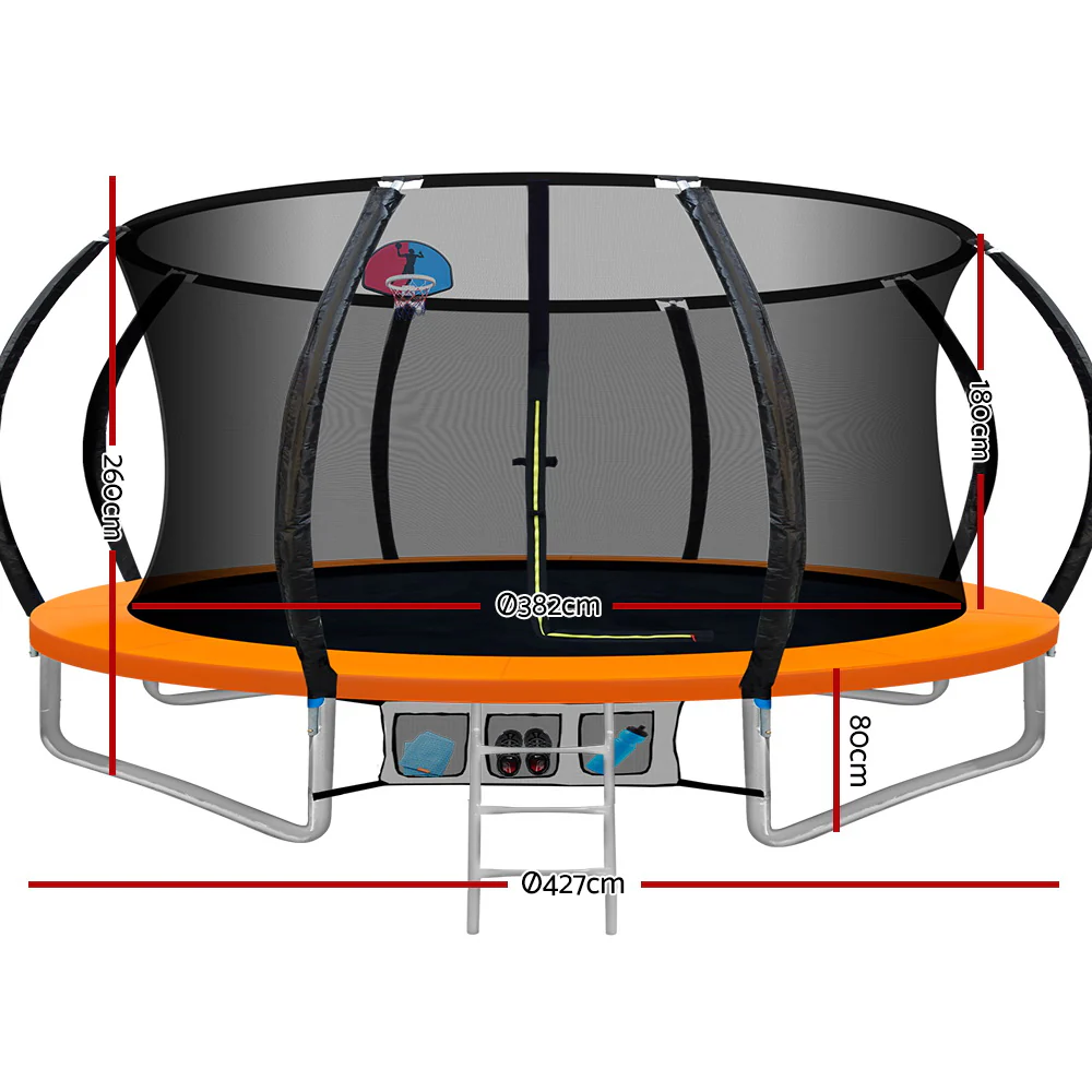 Everfit 14FT Trampoline for Kids w/ Ladder Enclosure Safety Net Rebounder Orange - Image 2