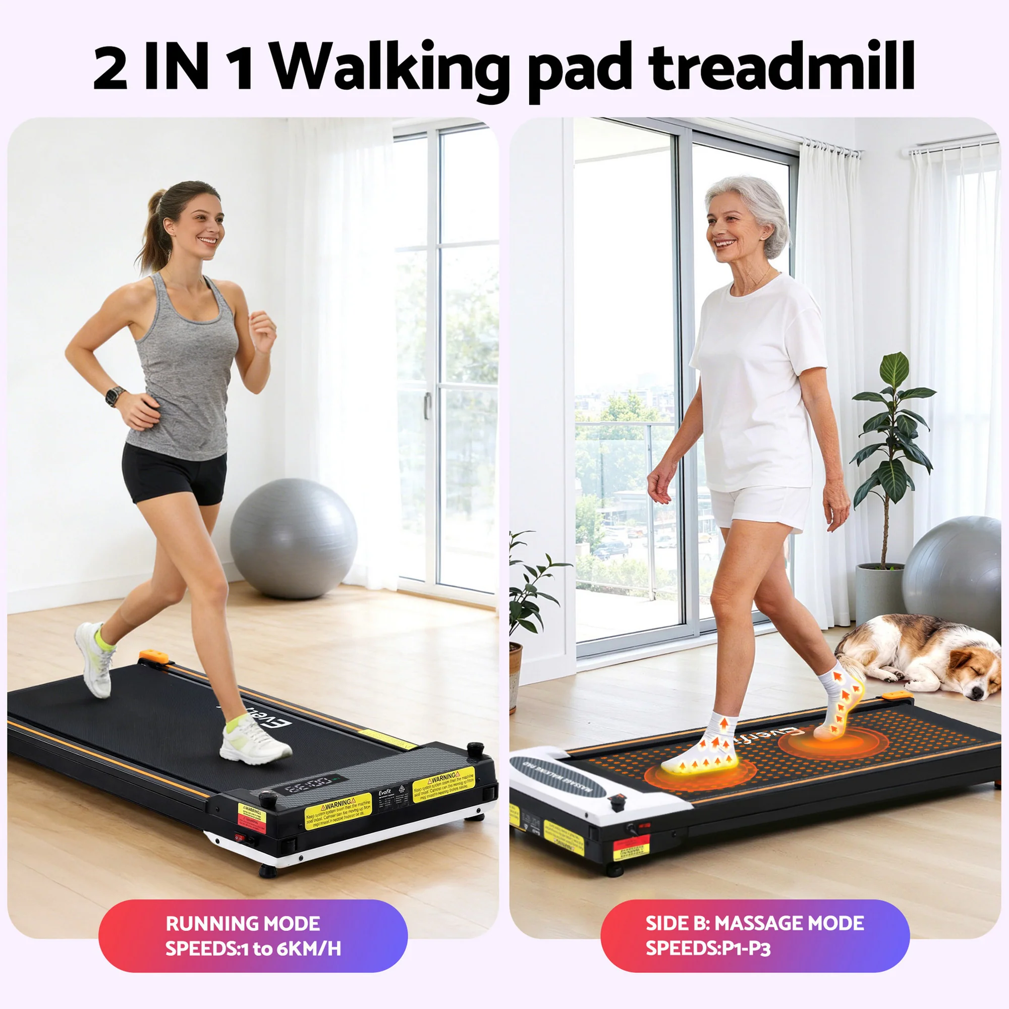 Everfit 2 Side Walking Pad Treadmill with Massage Function Fitness 380mm Black - Image 4