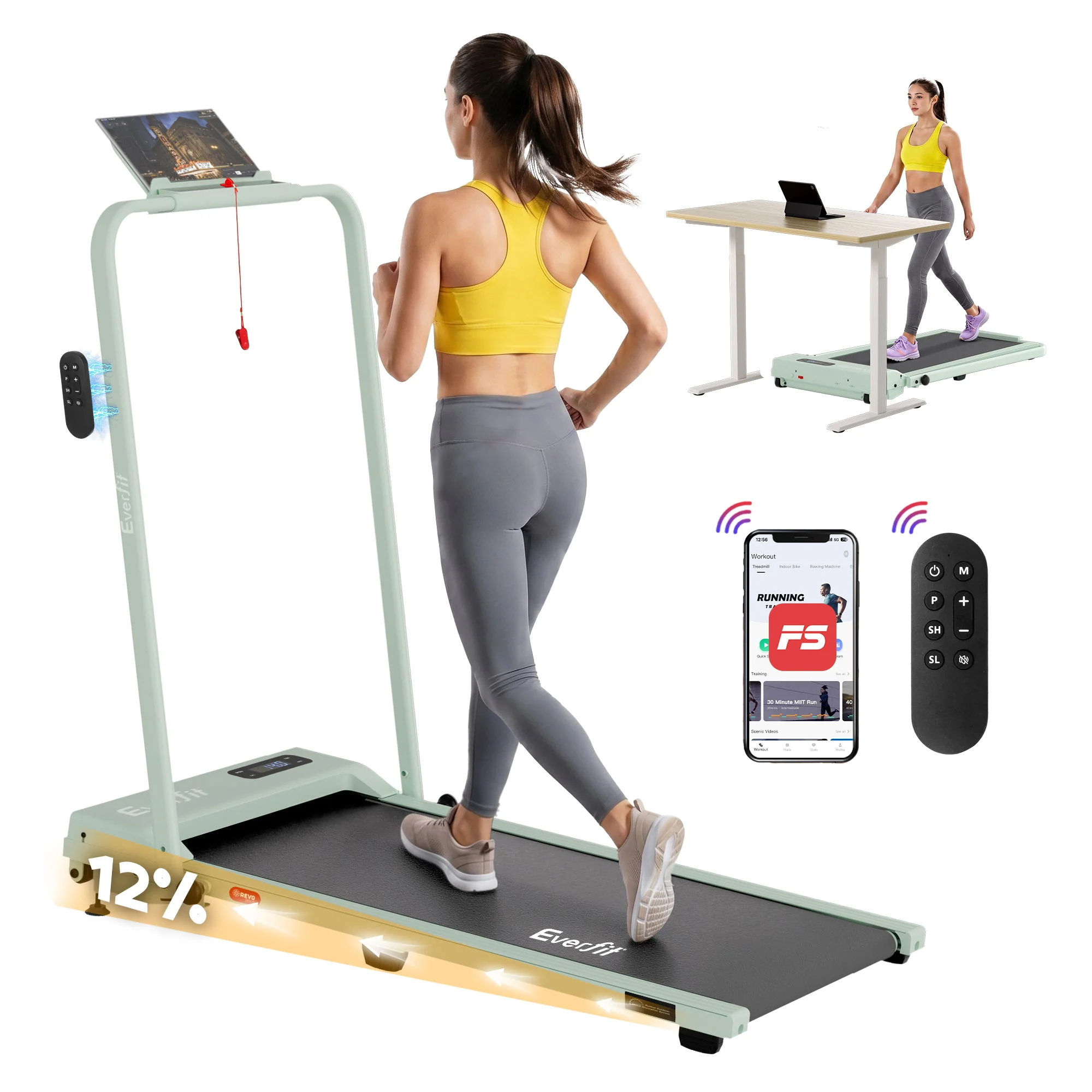 Everfit 3 in 1 Walking Pad Treadmill 12% Incline Under Desk Foldable for Home With 38cm Belt