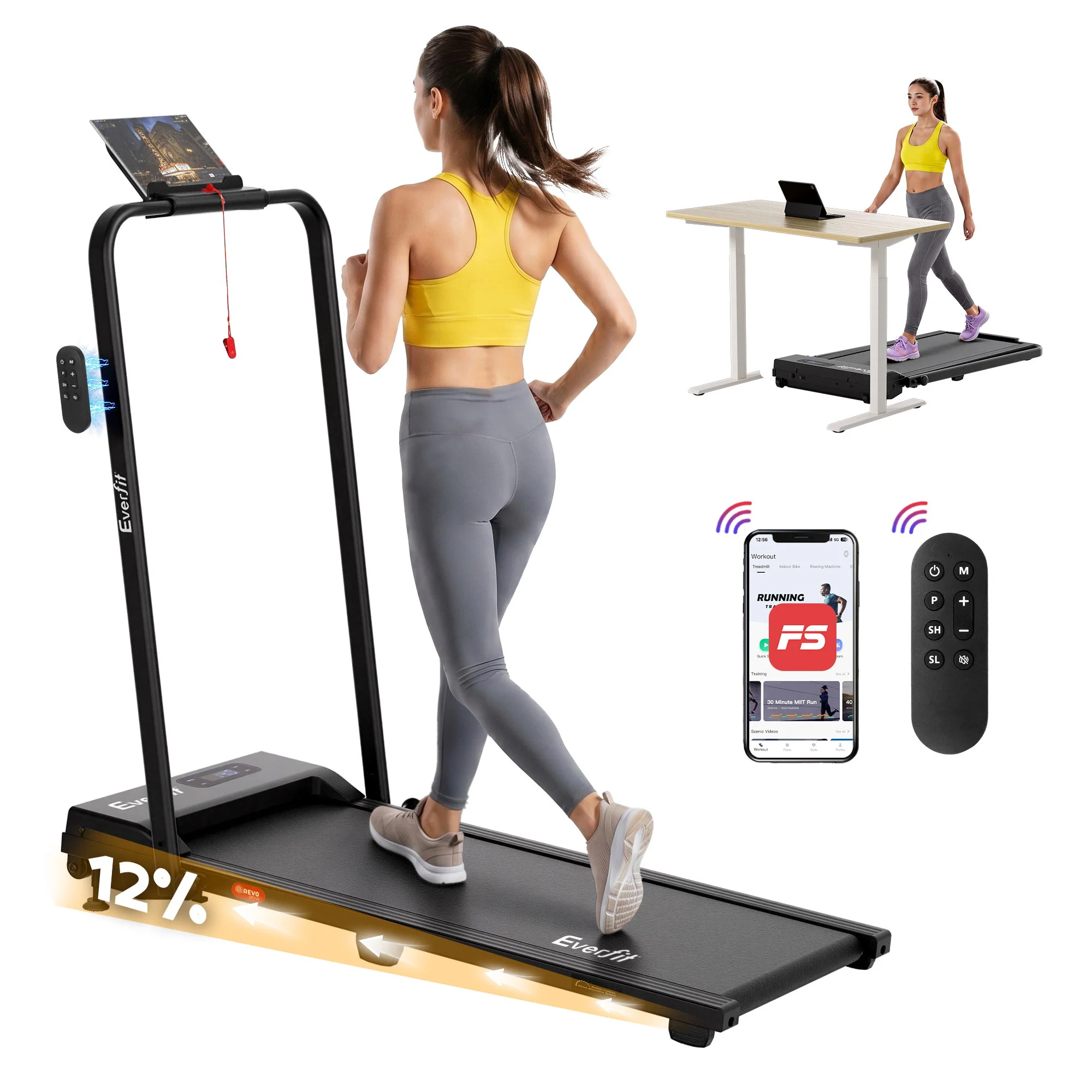 Everfit 3 in 1 Walking Pad Treadmill 12% Incline Under Desk Foldable for Home With 38cm Belt APP Control