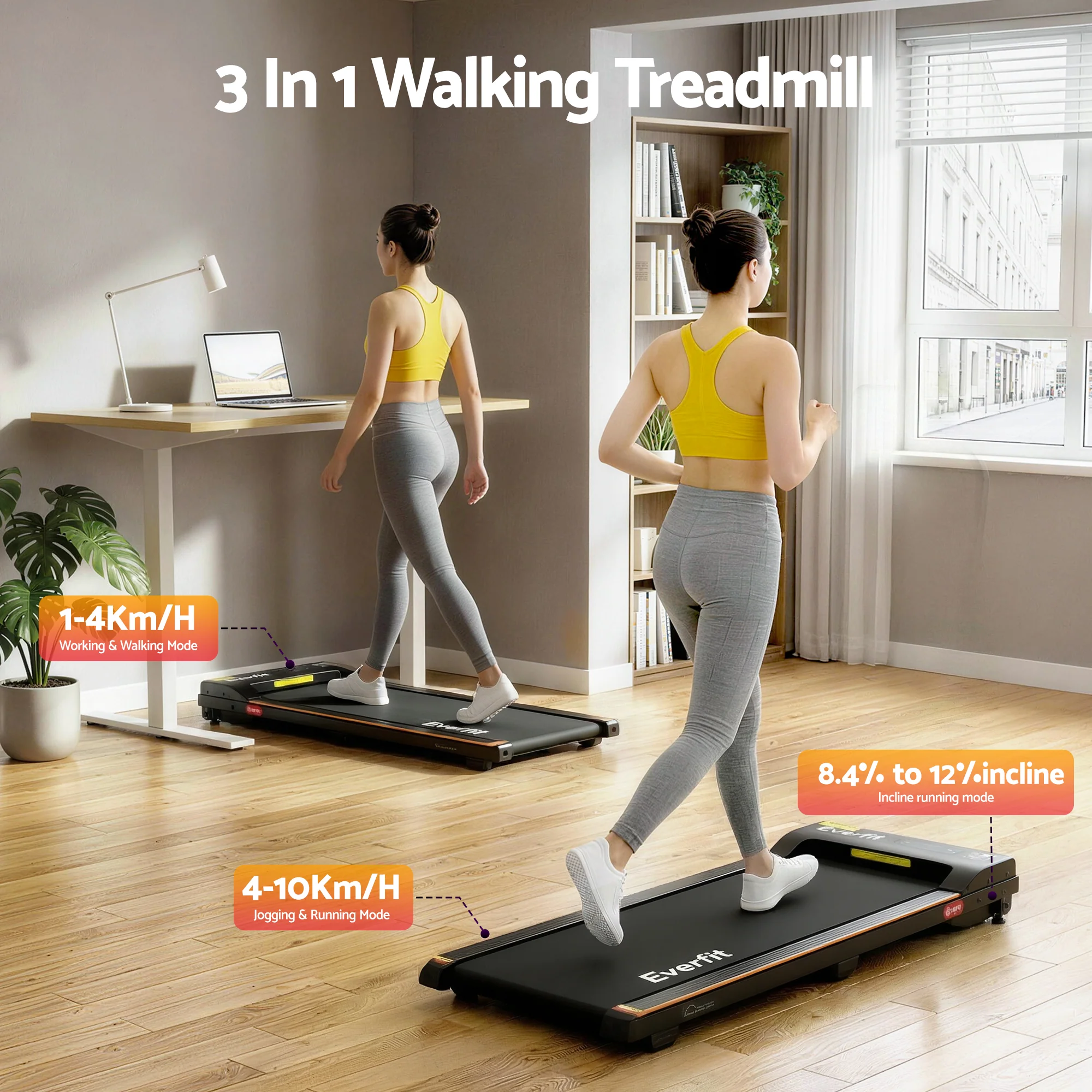 Everfit 3 in 1 Walking Pad Treadmill 12% Incline Under Desk Treadmills for Home Gym With 38cm Wide Belt - Image 4