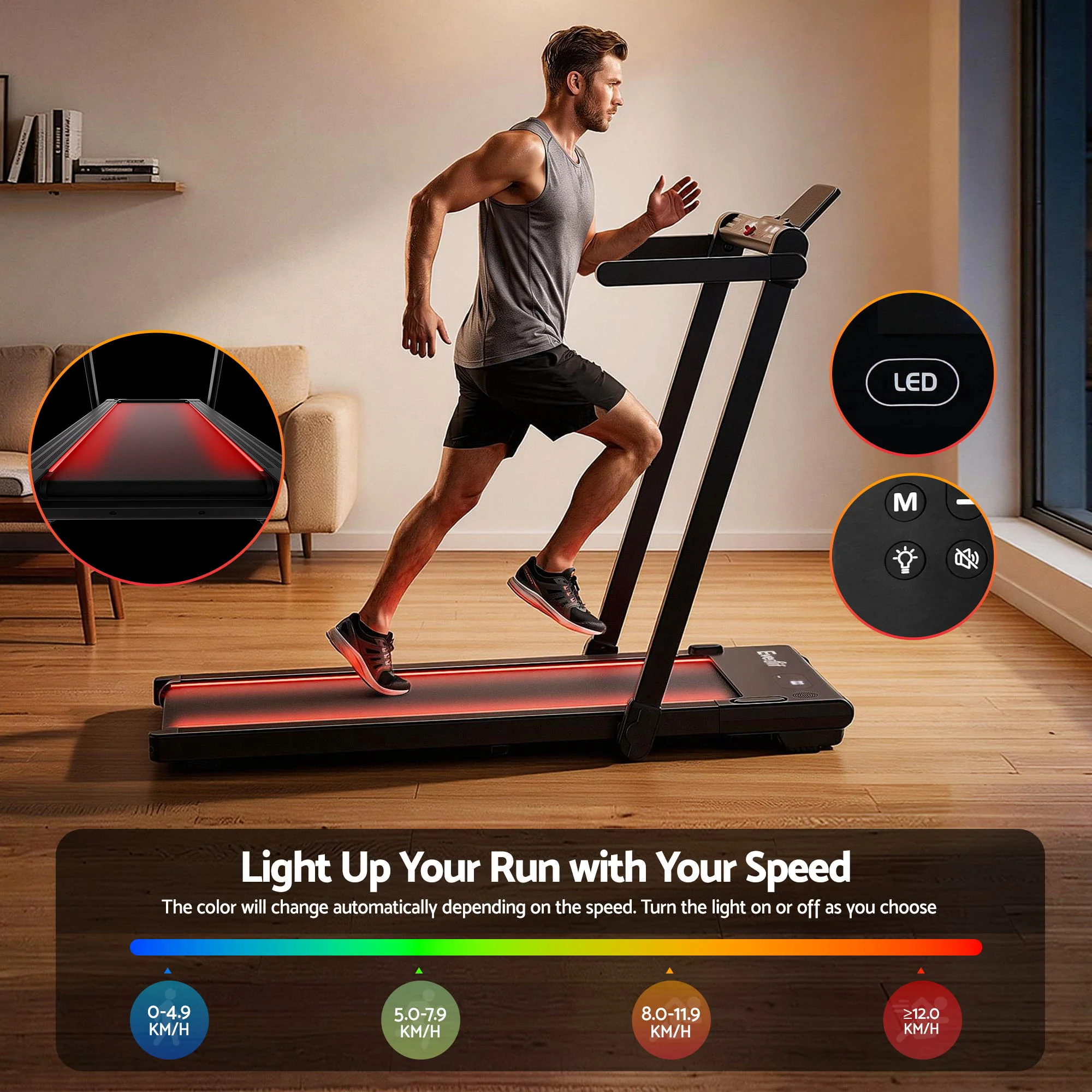 Everfit 3 in 1 Walking Pad Treadmill With Led Lights Foldable Under Desk Treadmills for Home Gym 40cm Wide Belt Black - Image 3