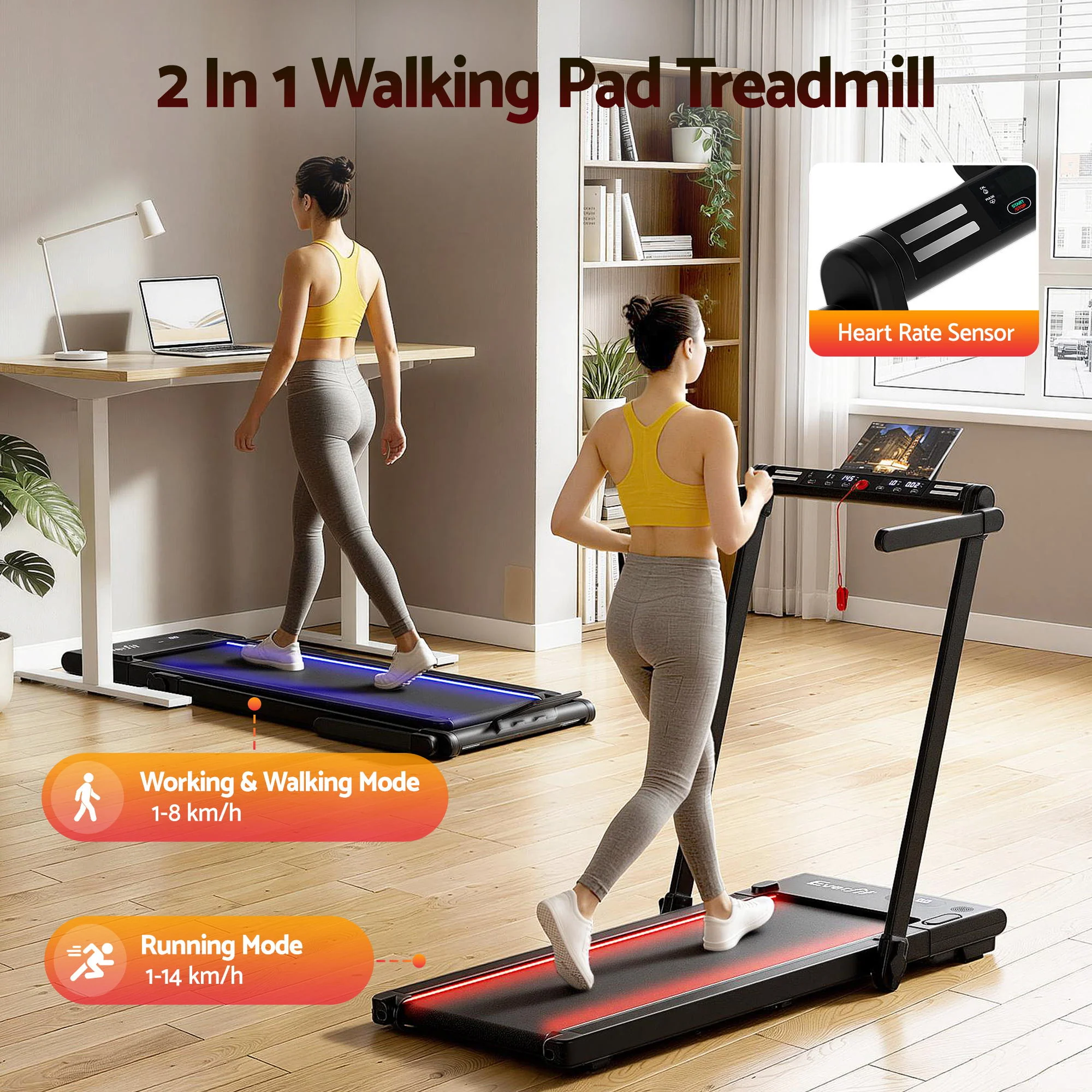 Everfit 3 in 1 Walking Pad Treadmill With Led Lights Foldable Under Desk Treadmills for Home Gym 40cm Wide Belt Black - Image 4