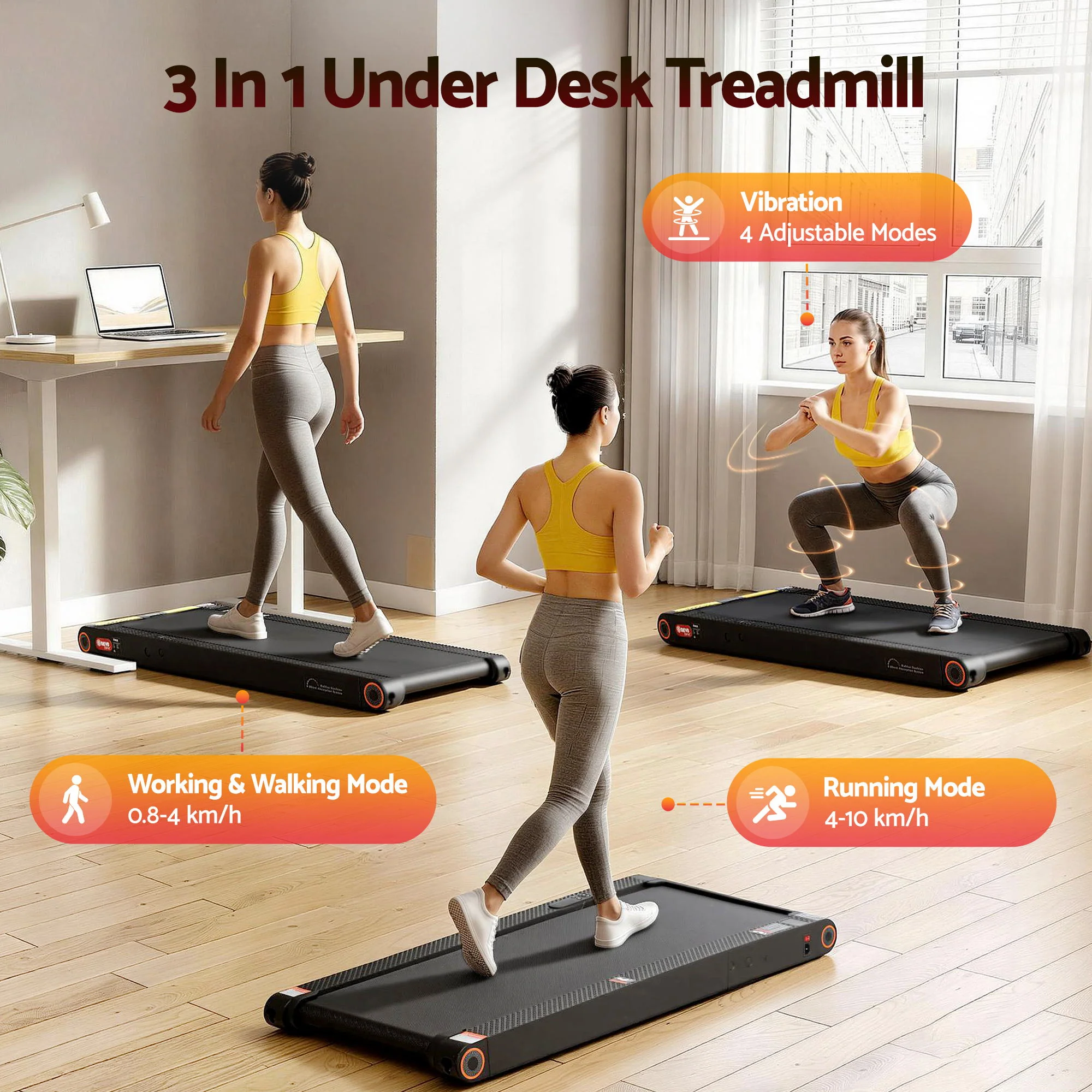 Everfit 4 in 1 Vibration Walking Pad Treadmill Under Desk Treadmills for Home Gym with App Control 380mm Black - Image 3