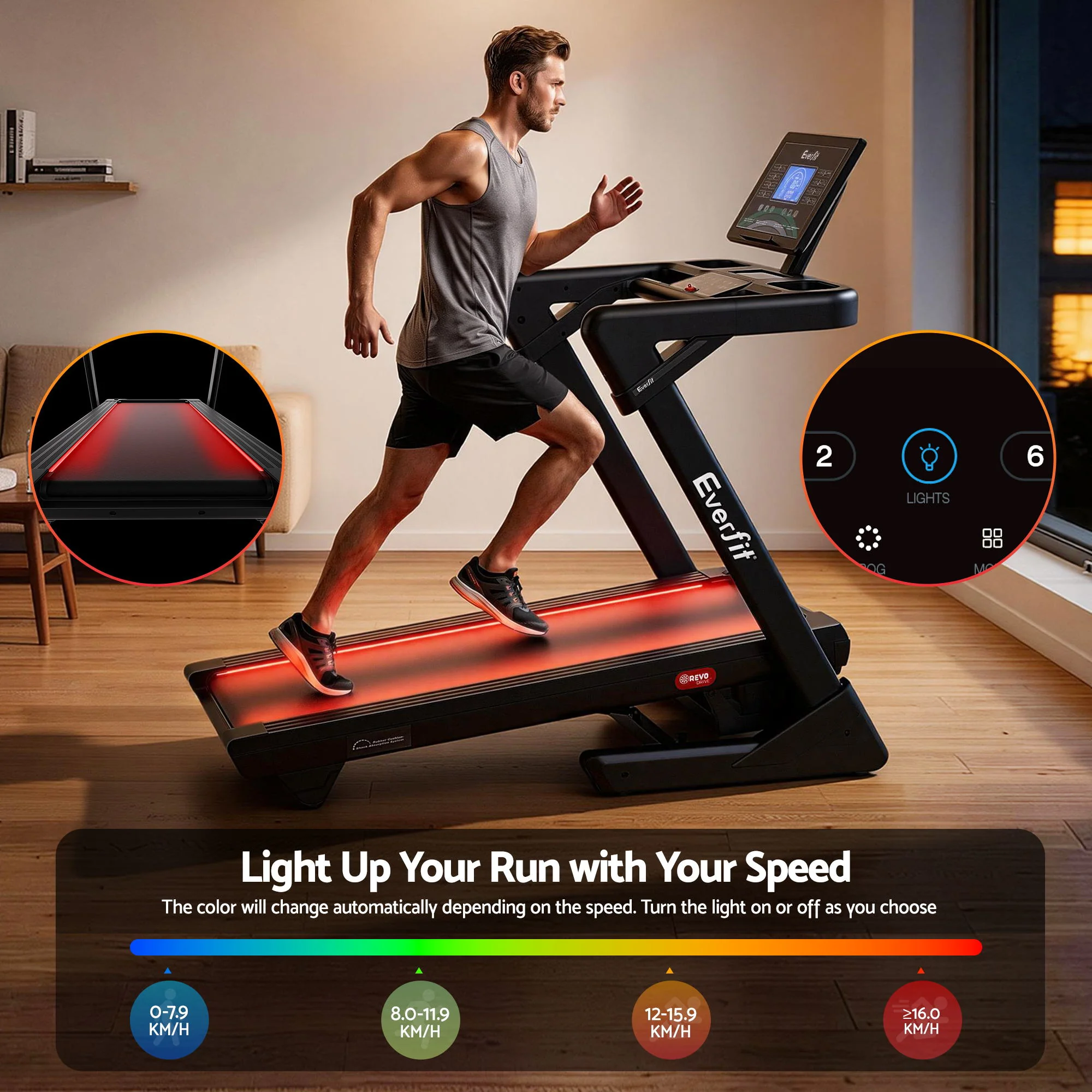 Everfit 500mm Wide Belt Treadmill 30% Auto Incline Foldable Treadmills for Home with LED Lights - Image 3