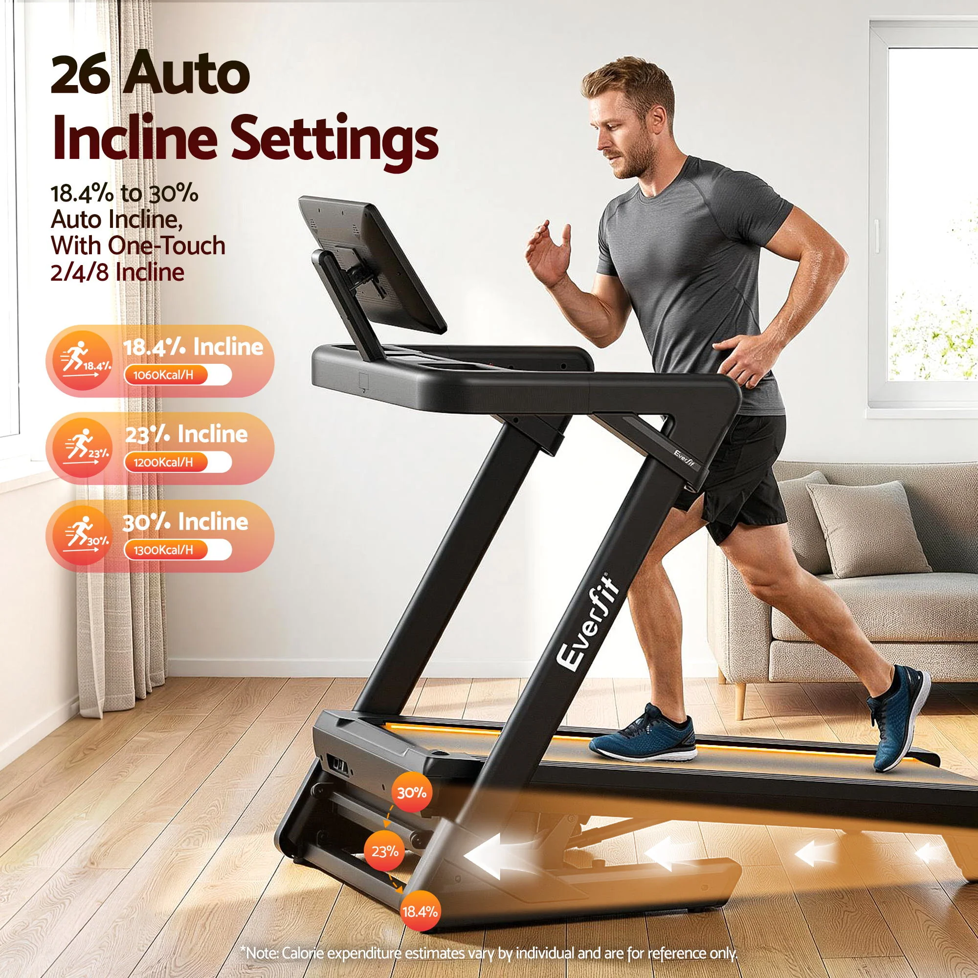 Everfit 500mm Wide Belt Treadmill 30% Auto Incline Foldable Treadmills for Home with LED Lights - Image 6