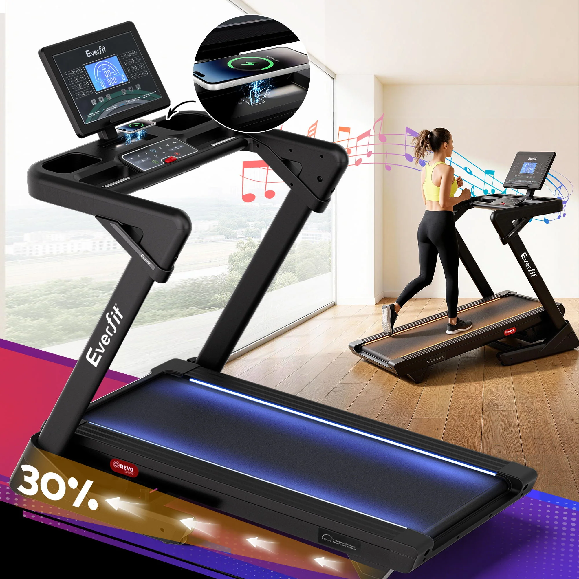 Everfit 500mm Wide Belt Treadmill 30% Auto Incline Foldable Treadmills for Home with LED Lights - Image 8