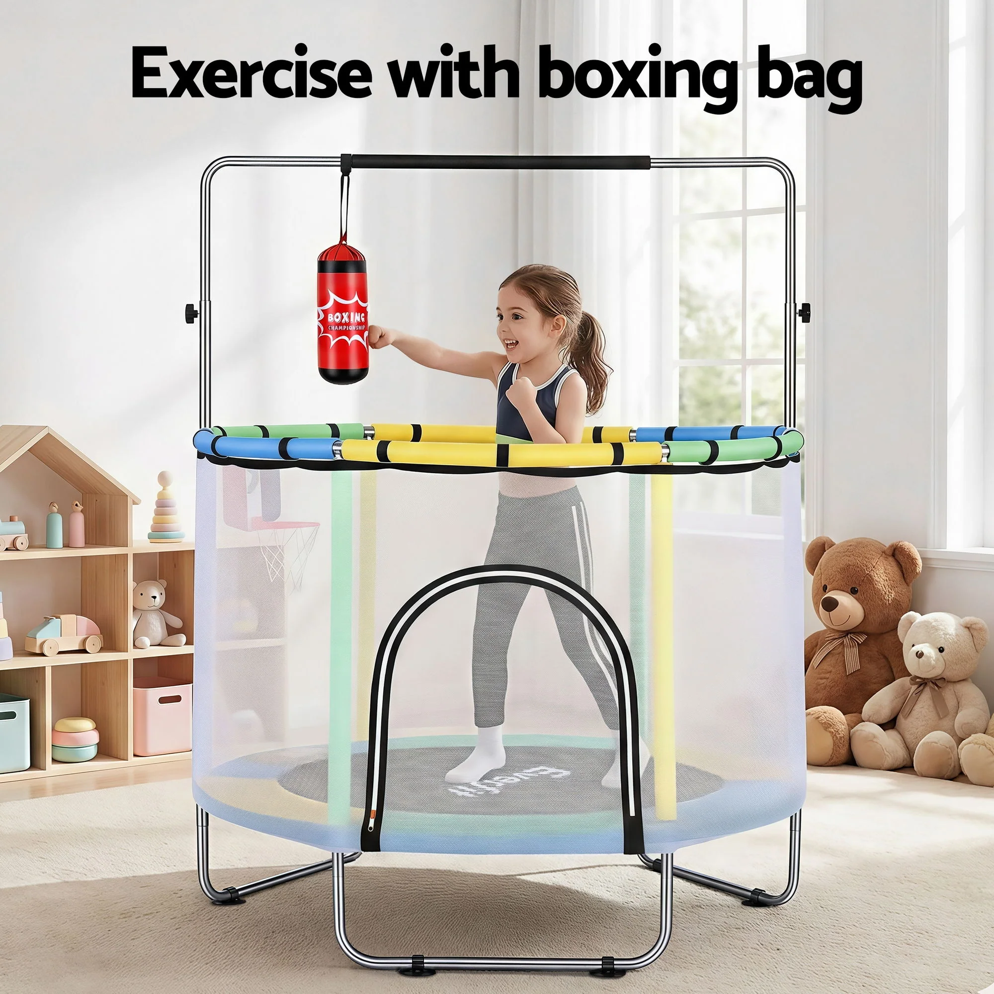 Everfit 55inch Trampoline Kids Rebounder with Basketball Set Sandbag Boxing Game - Image 5