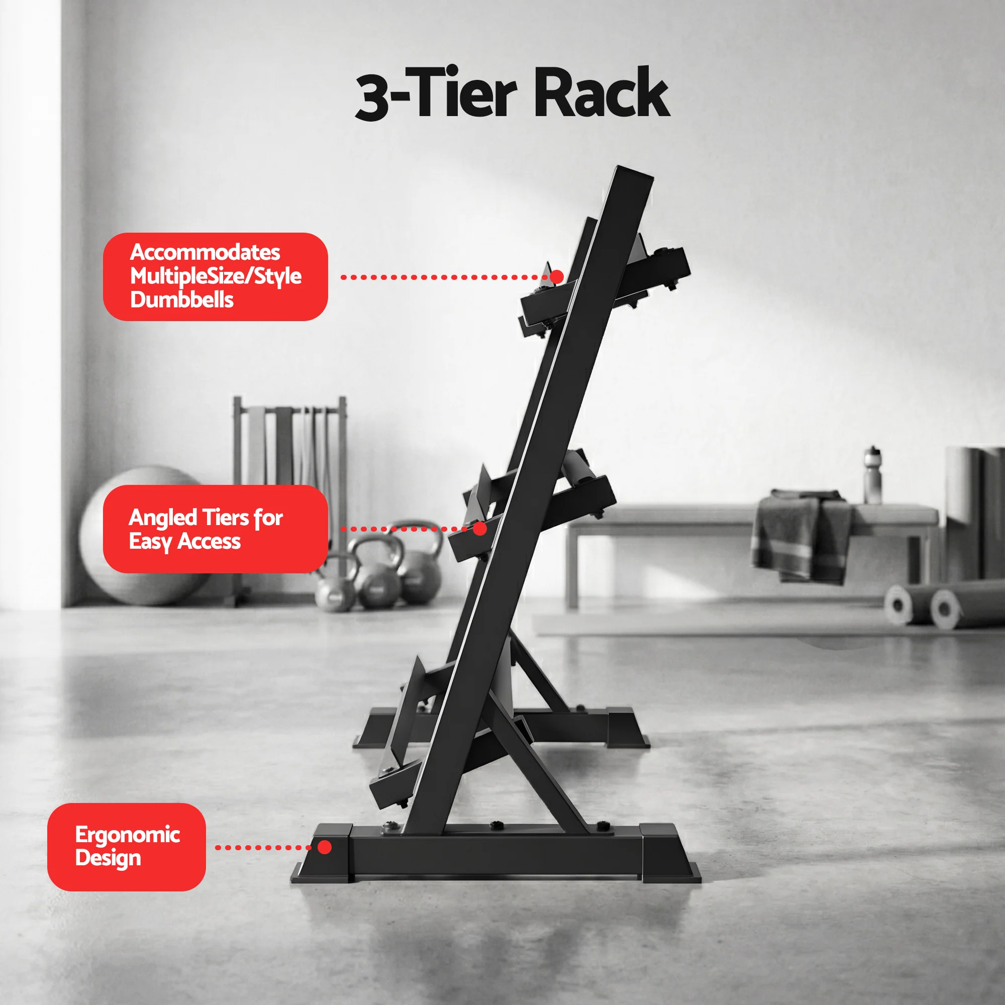 Everfit Dumbbell Rack 3-Tier Heavy Duty Weight Storage for Home Gym 300kg Capacity Black - Image 4