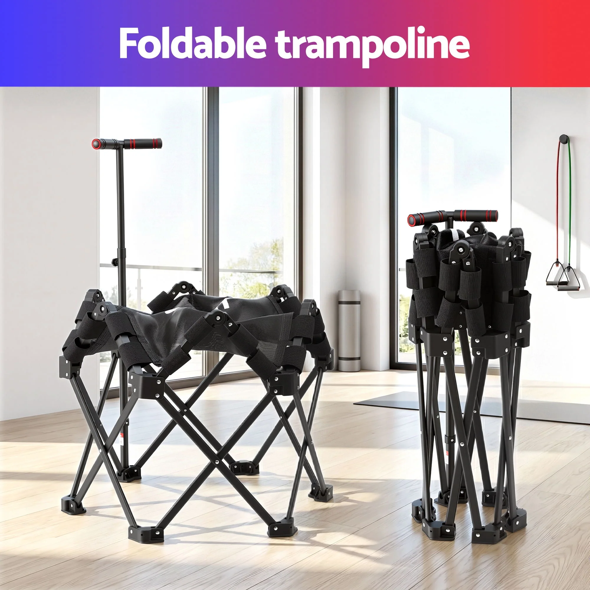 Everfit Fitness Foldable Trampoline Rebounder Adjustable Handle Indoor Exercise Black - Image 7