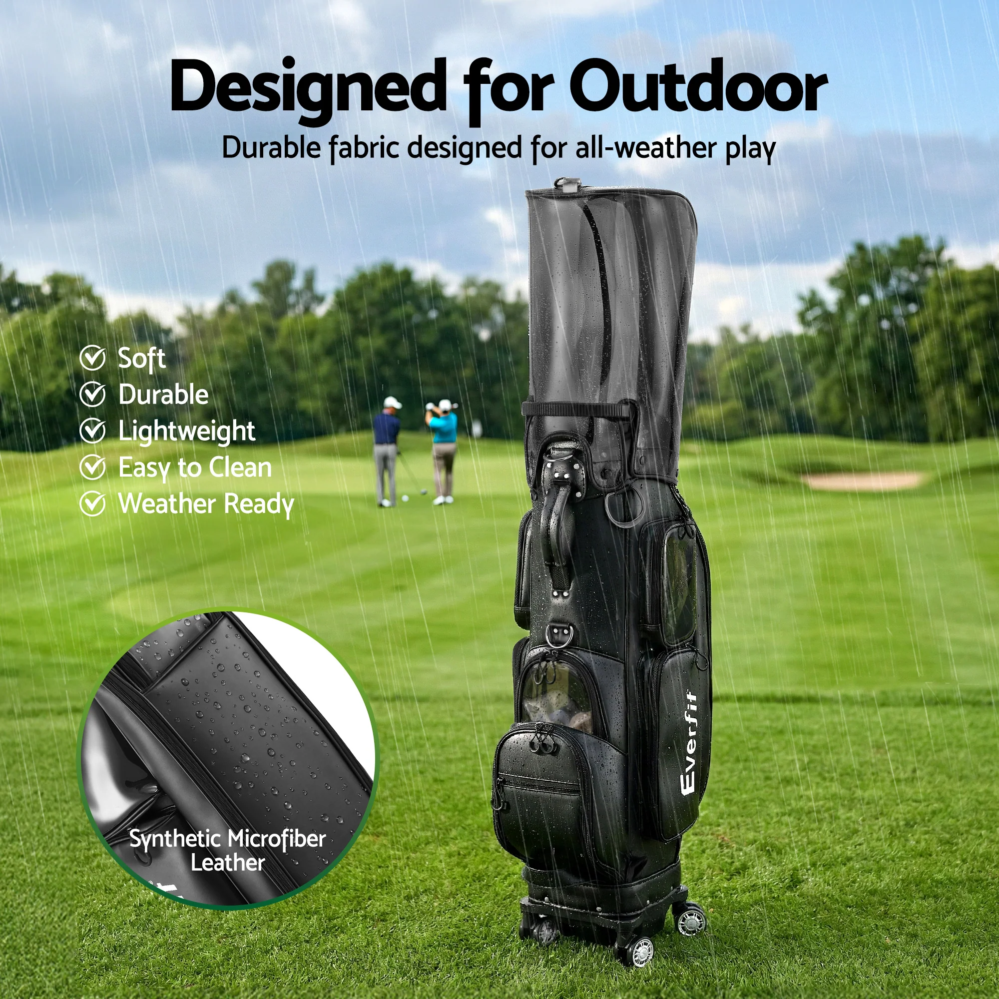 Everfit Golf Cart Bag Rolling Buggy Club Organiser Synthetic Leather Black - Image 6