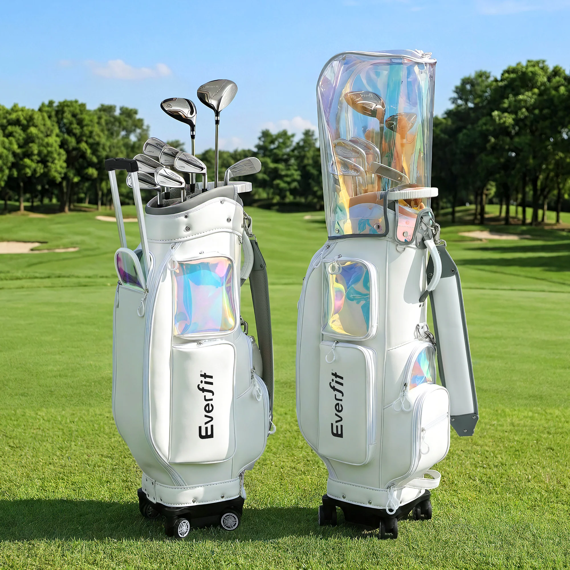Everfit Golf Cart Bag Rolling Buggy Club Organiser Synthetic Leather White - Image 8