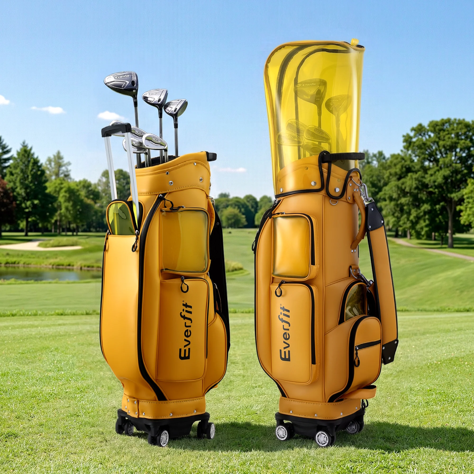 Everfit Golf Cart Bag Rolling Buggy Club Organiser Synthetic Leather Yellow - Image 8