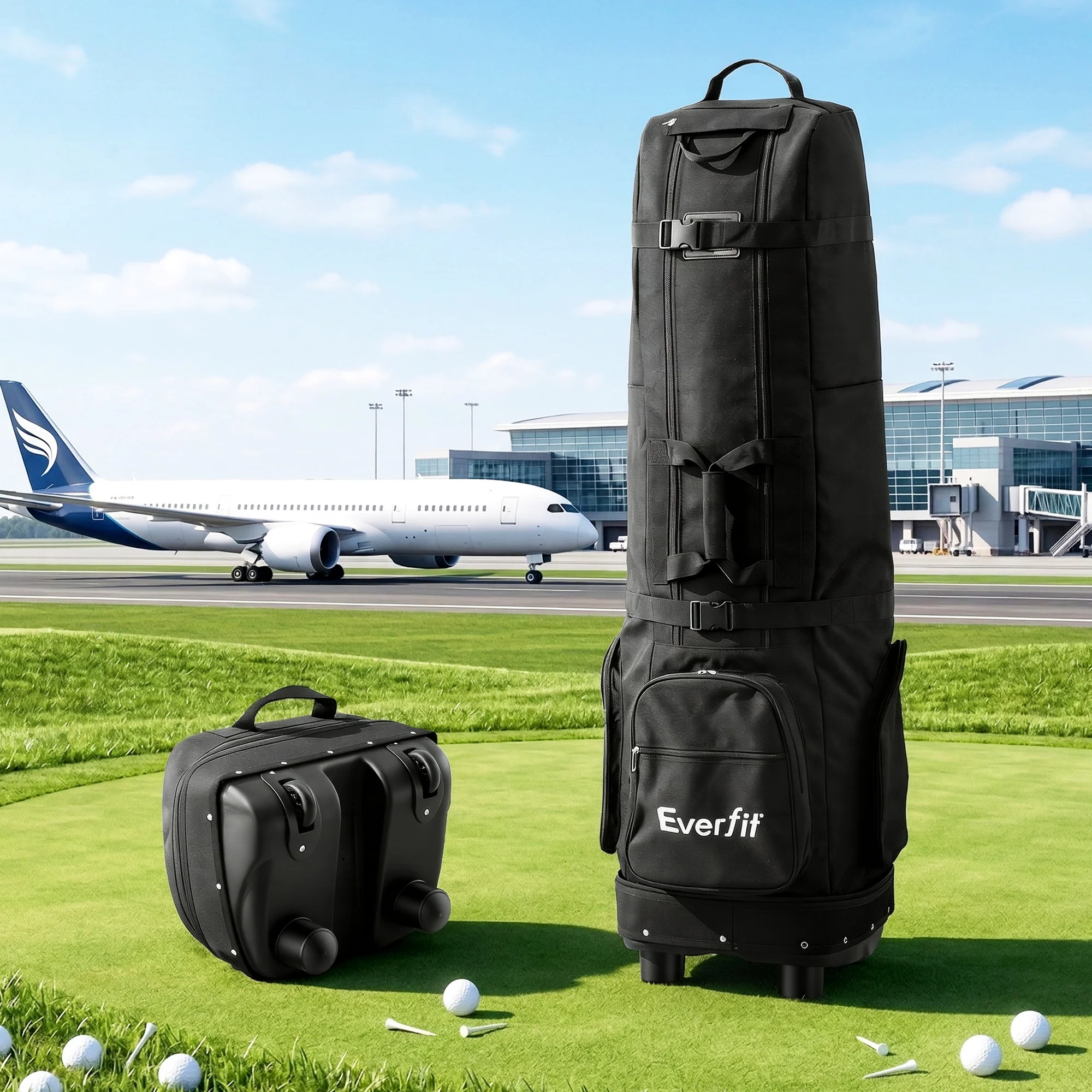 Everfit Golf Travel Bag Flight Cover Foldable Soft Case Wheels Black - Image 8