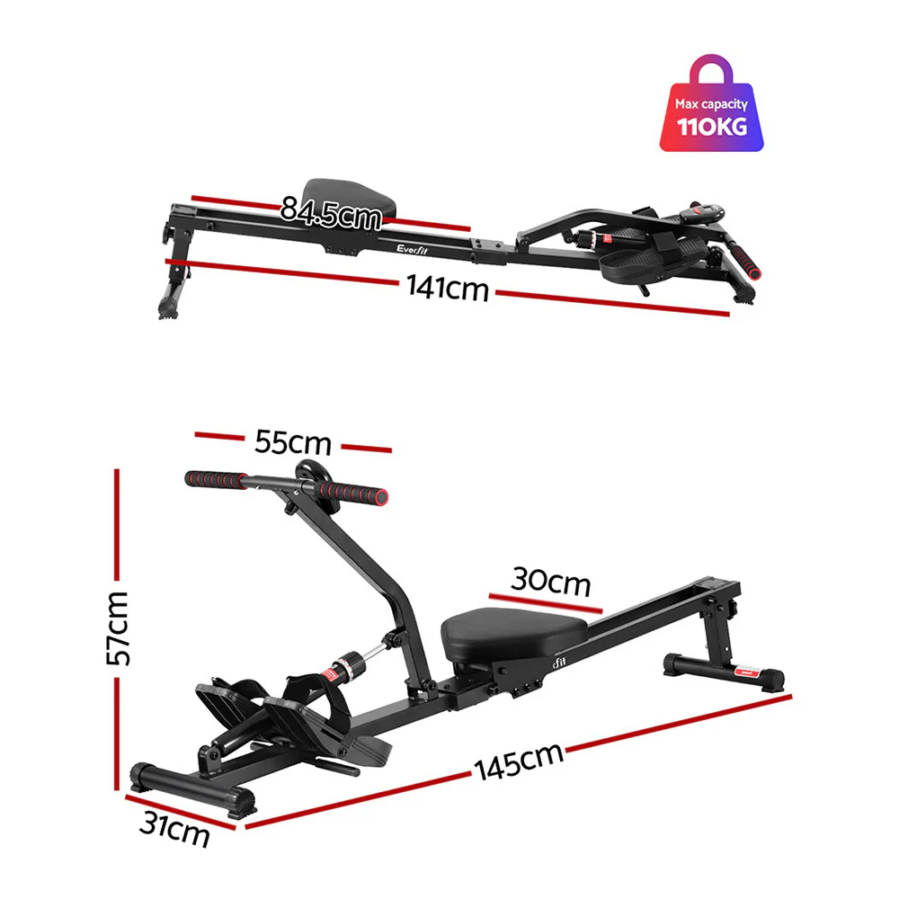 Everfit Hydraulic Rowing Machine Rower 12 Levels Resistance Exercise Fitness Gym Cardio-Black - Image 2