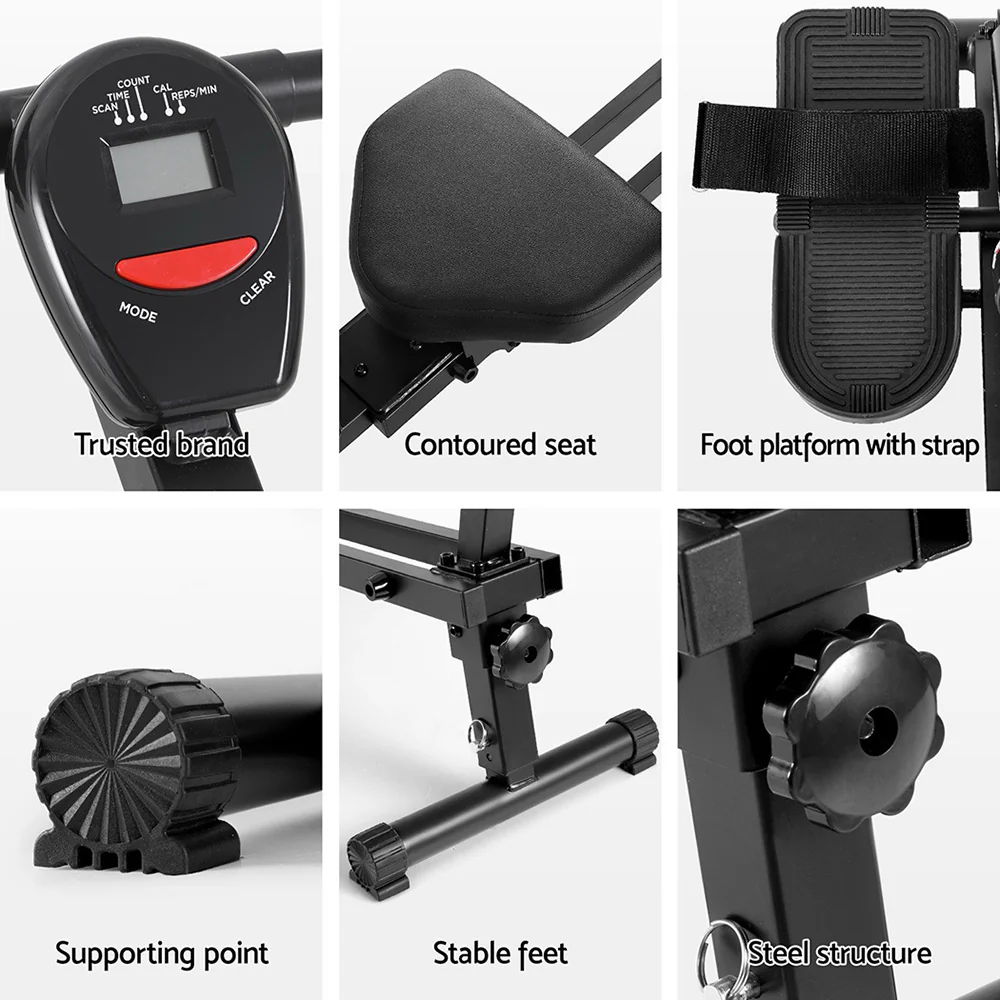 Everfit Hydraulic Rowing Machine Rower 12 Levels Resistance Exercise Fitness Gym Cardio-Black - Image 6