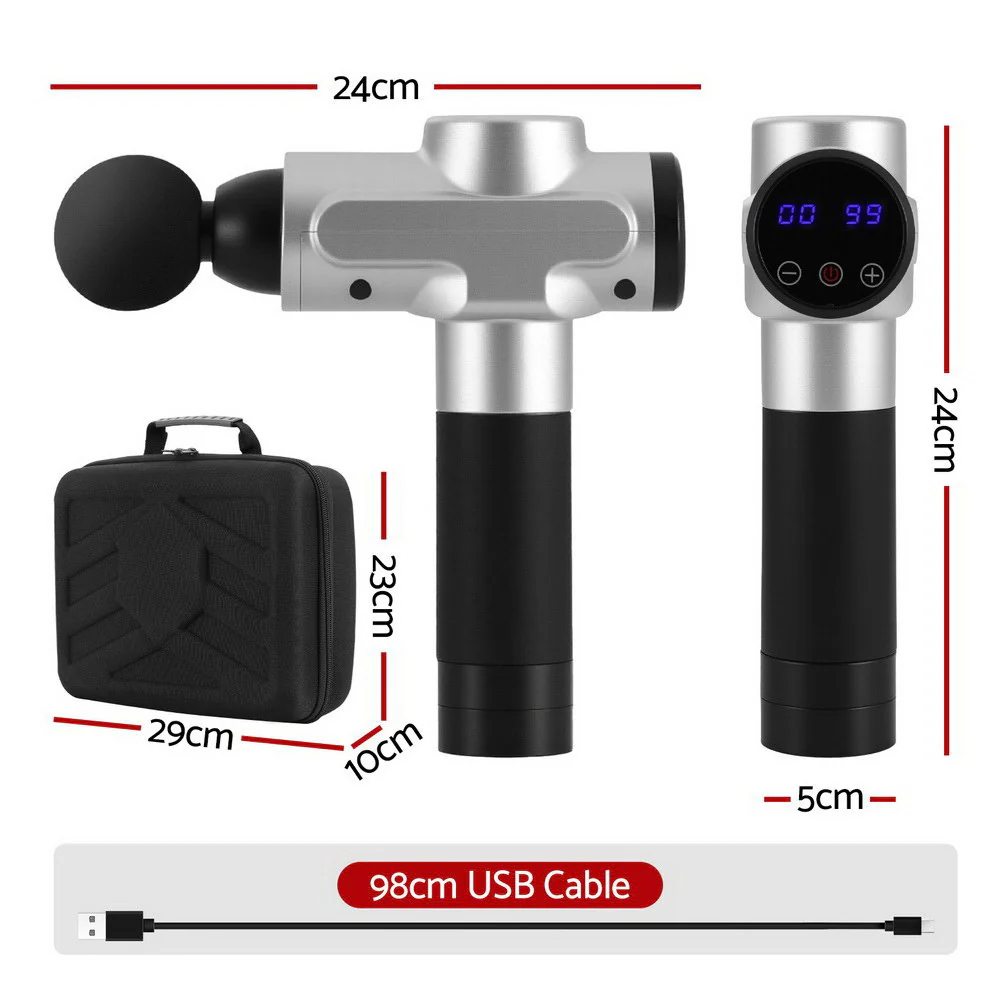 Everfit Massage Gun 30 Speed 6 Heads Vibration Muscle Massager Chargeable Silver - Image 2