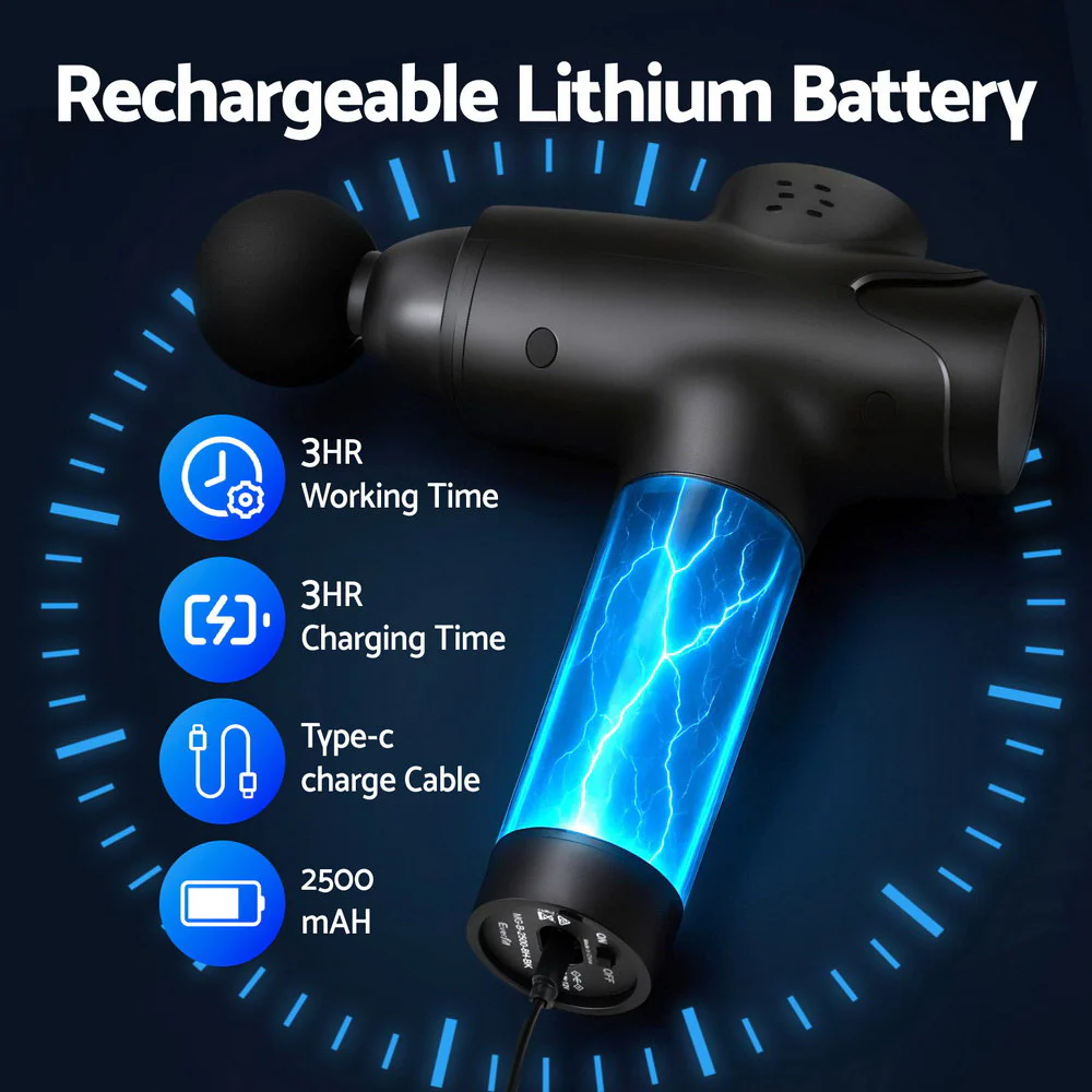 Everfit Massage Gun 30 Speed 8 Heads Vibration Muscle Massager Chargeable Black - Image 5