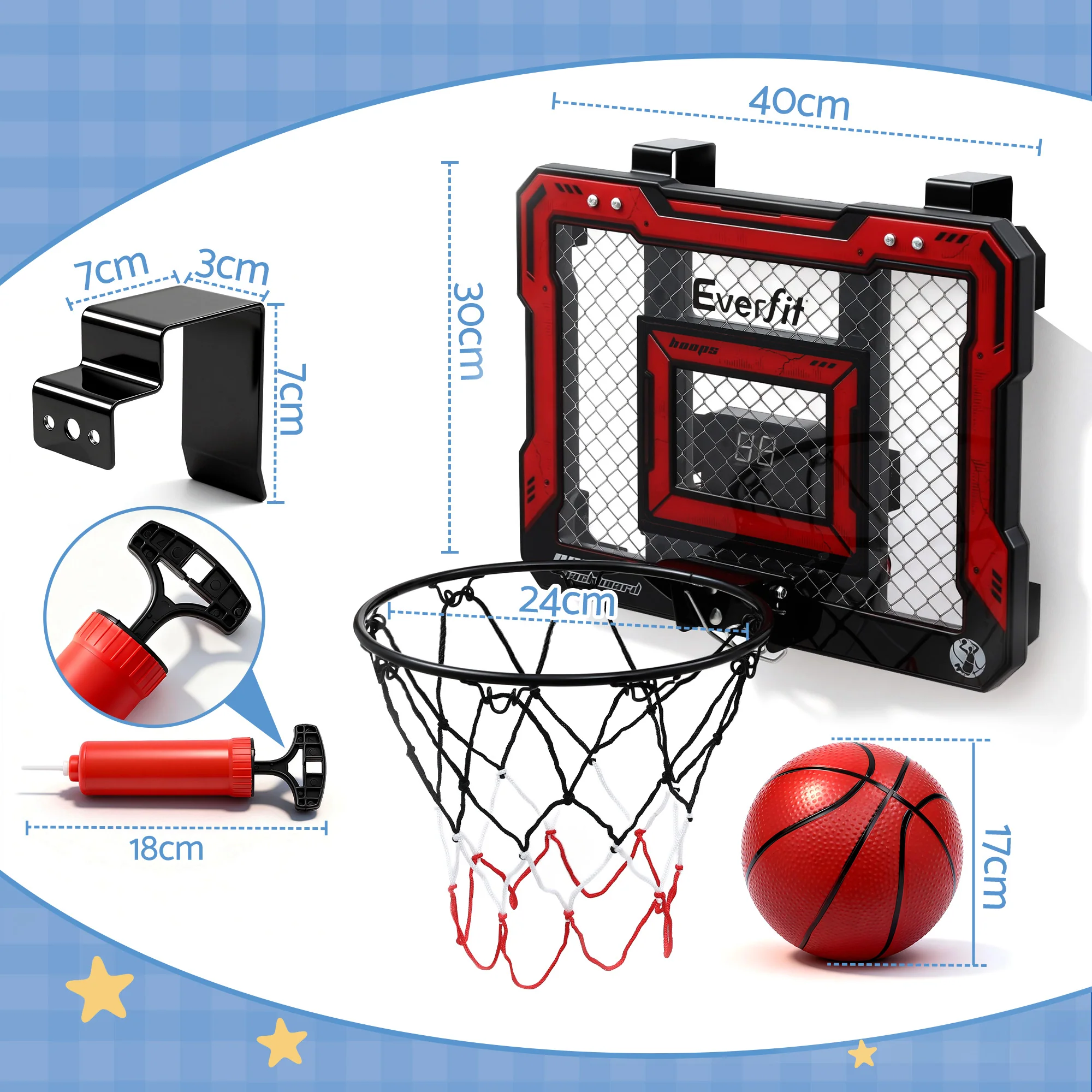 Everfit Mini Basketball Hoop Over Door Indoor LED Scoreboard Kids Set 40x30cm - Image 2