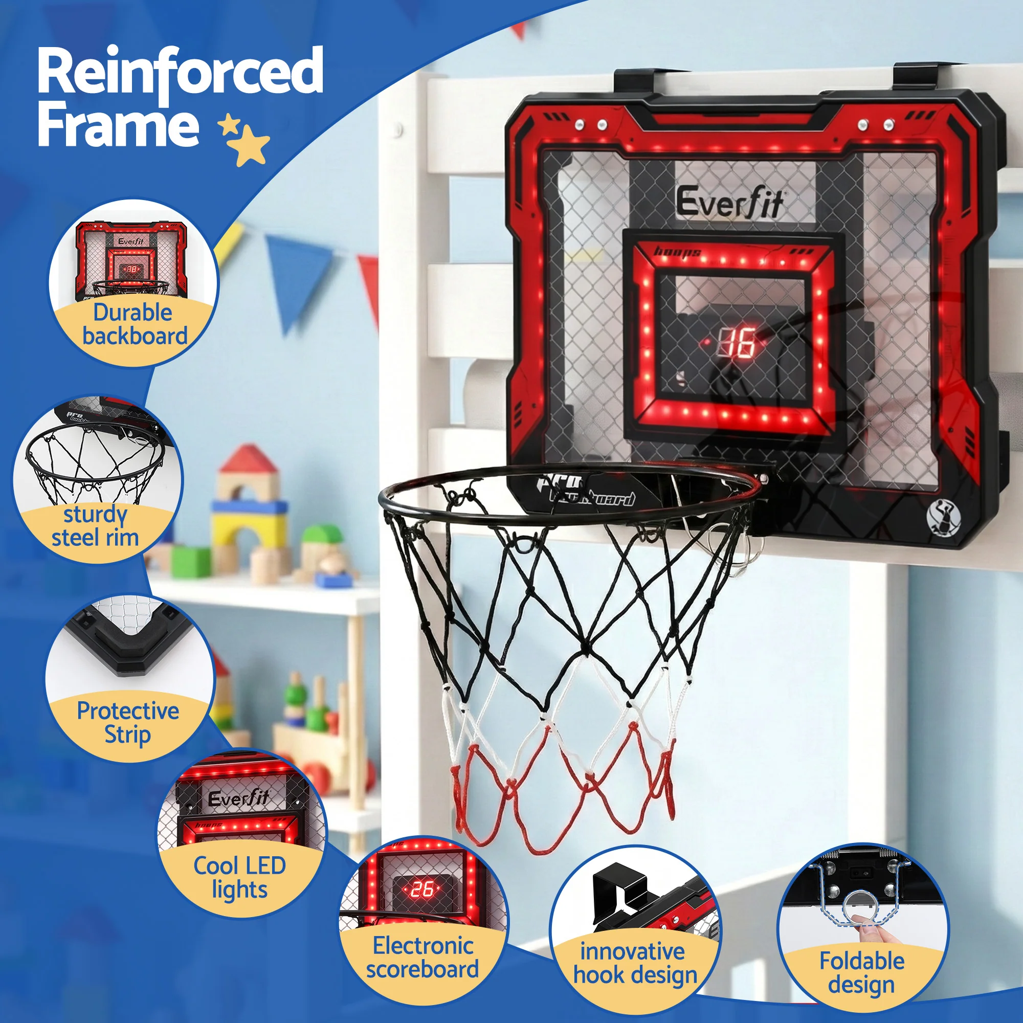 Everfit Mini Basketball Hoop Over Door Indoor LED Scoreboard Kids Set 40x30cm - Image 4