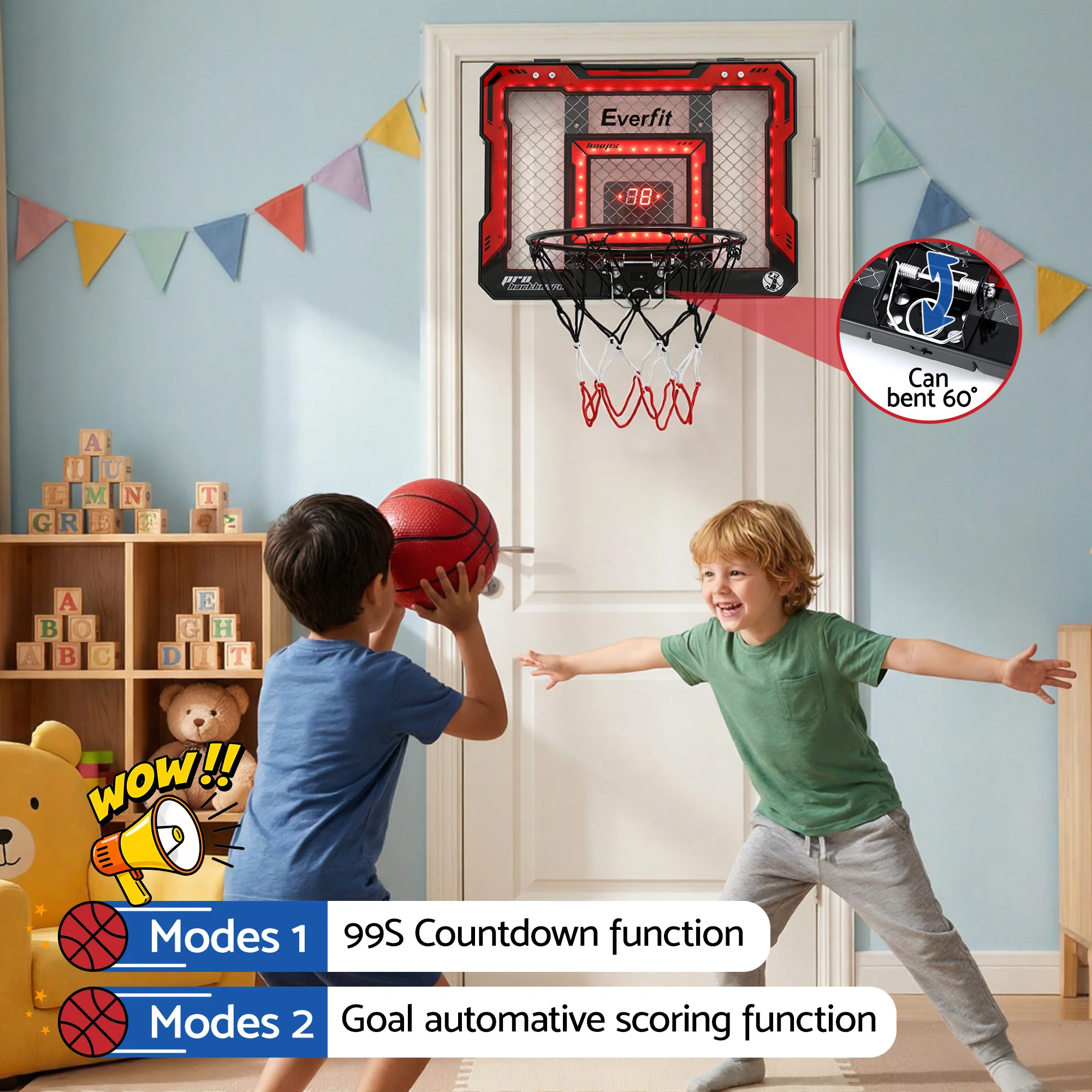 Everfit Mini Basketball Hoop Over Door Indoor LED Scoreboard Kids Set 40x30cm - Image 5