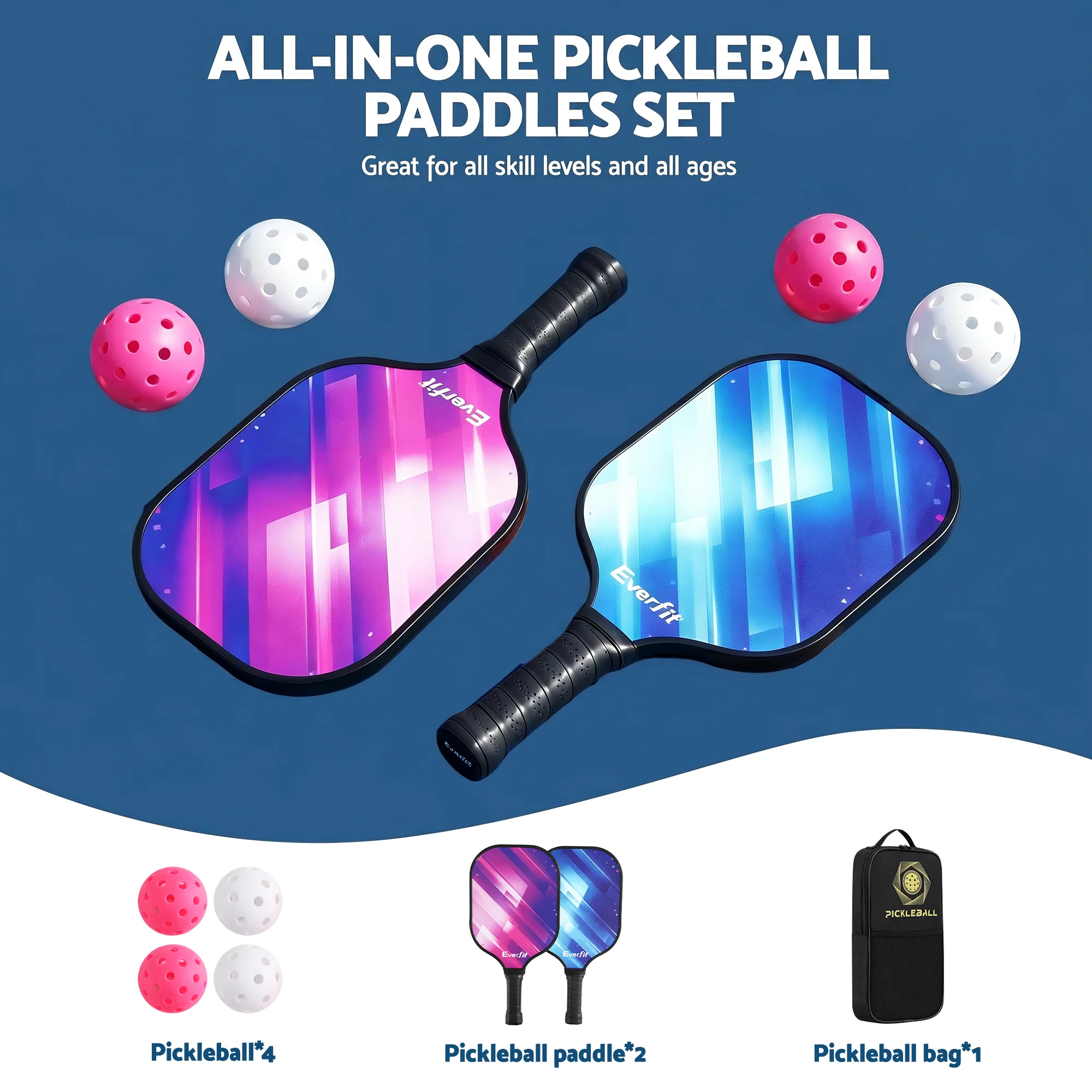Everfit Pickleball Paddle Set Fibreglass Racquet Honeycomb Core With Bag - Image 4