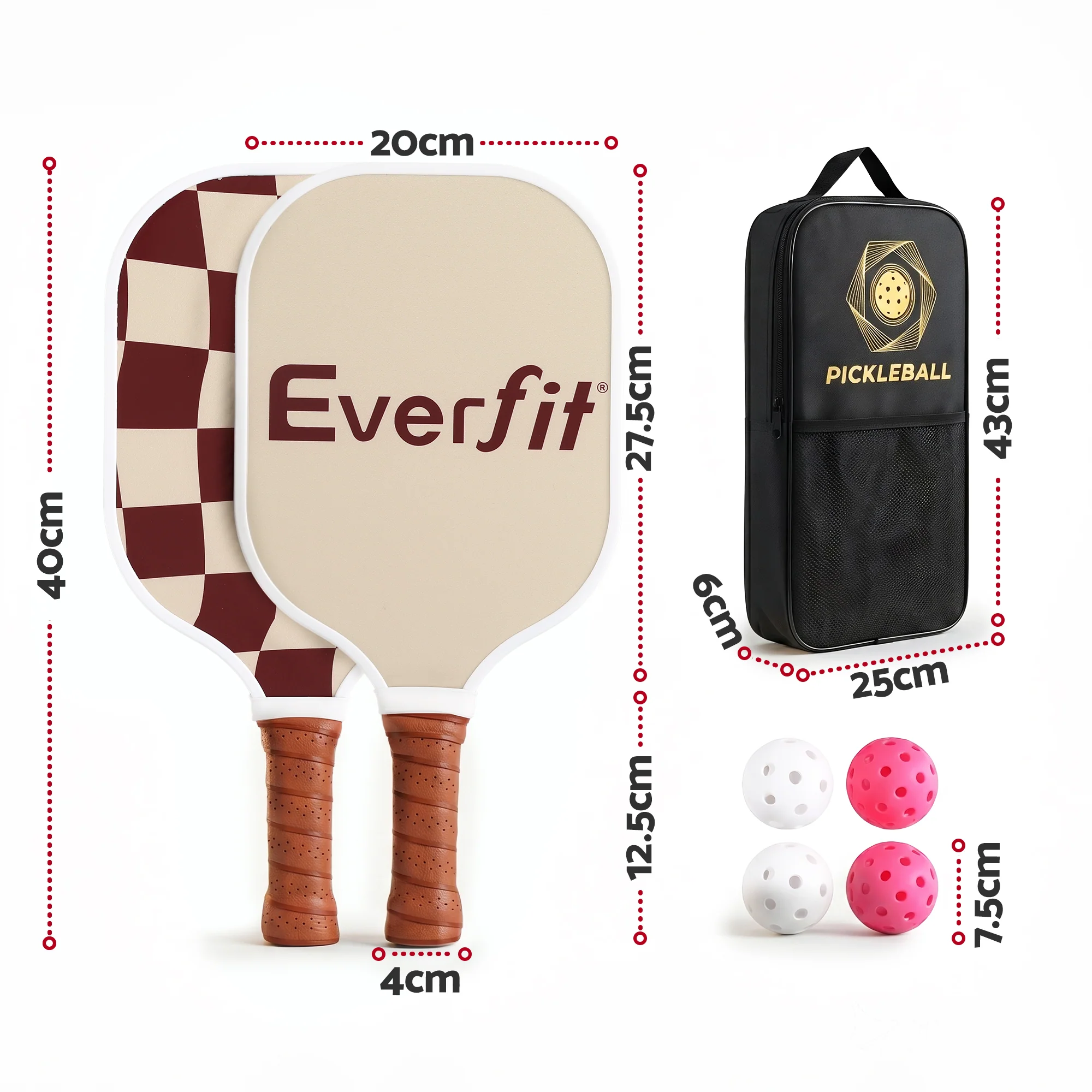 Everfit Pickleball Paddle Set Fibreglass Racquet Honeycomb Core With Bag Brown - Image 2