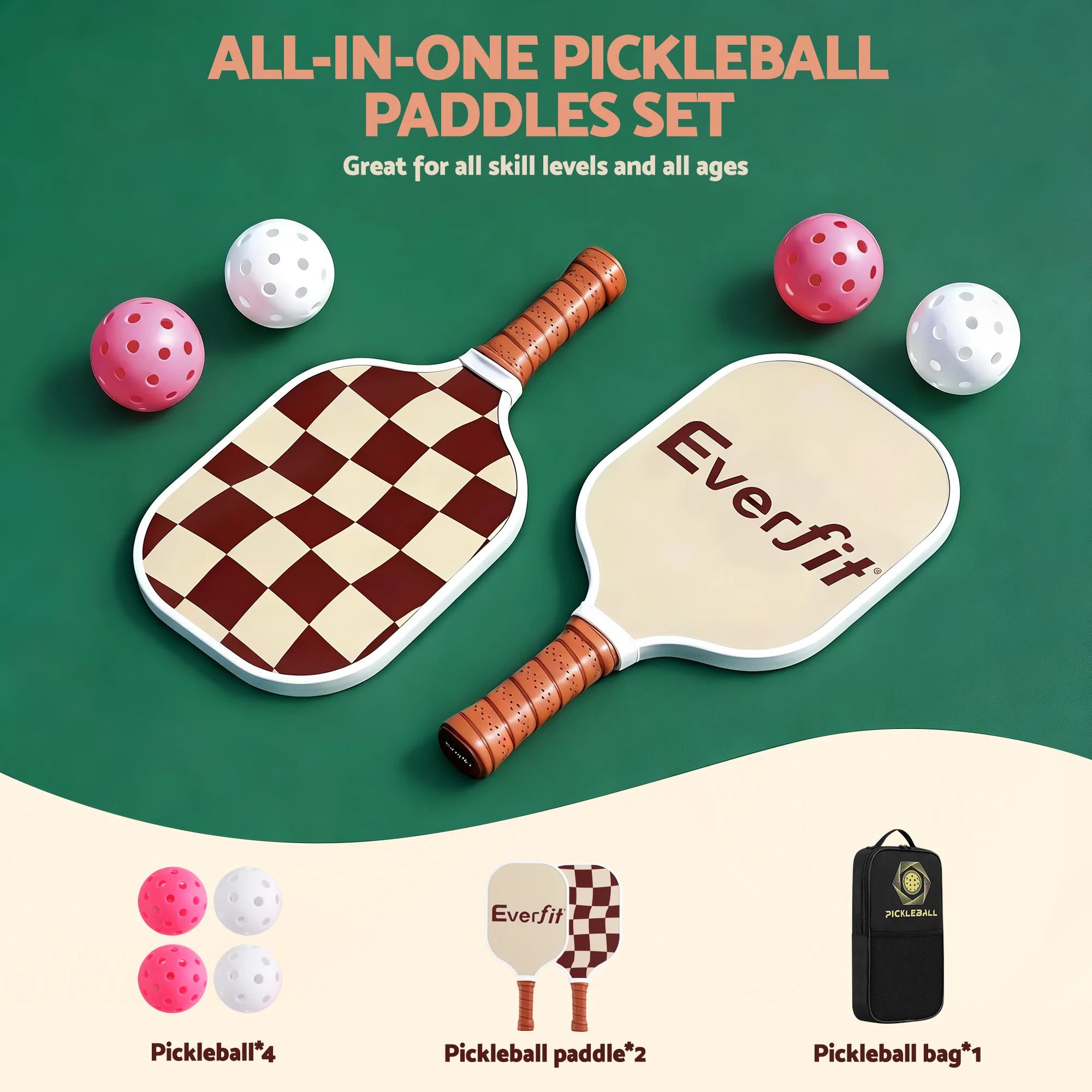 Everfit Pickleball Paddle Set Fibreglass Racquet Honeycomb Core With Bag Brown - Image 4