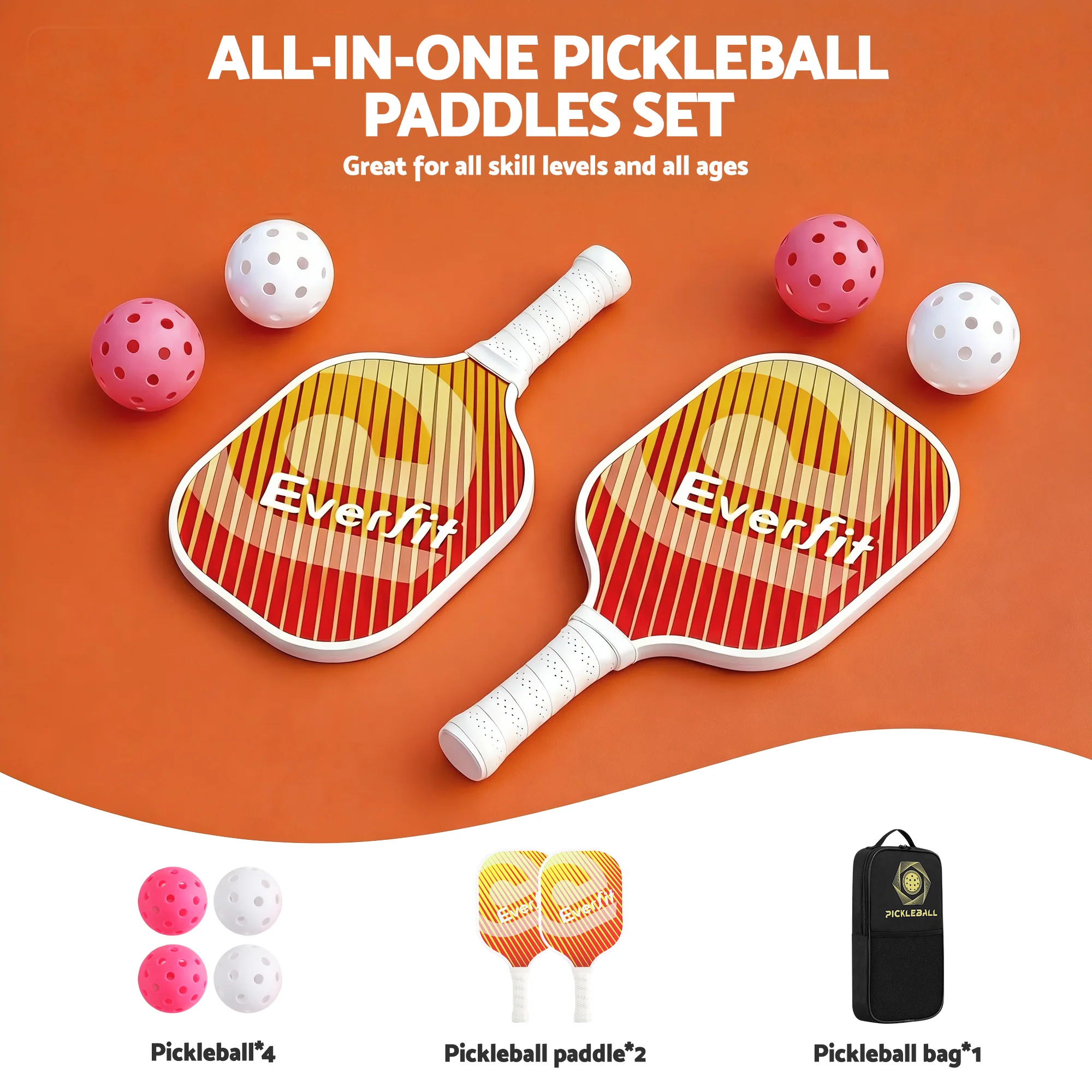 Everfit Pickleball Paddle Set Fibreglass Racquet Honeycomb Core With Bag Orange - Image 4