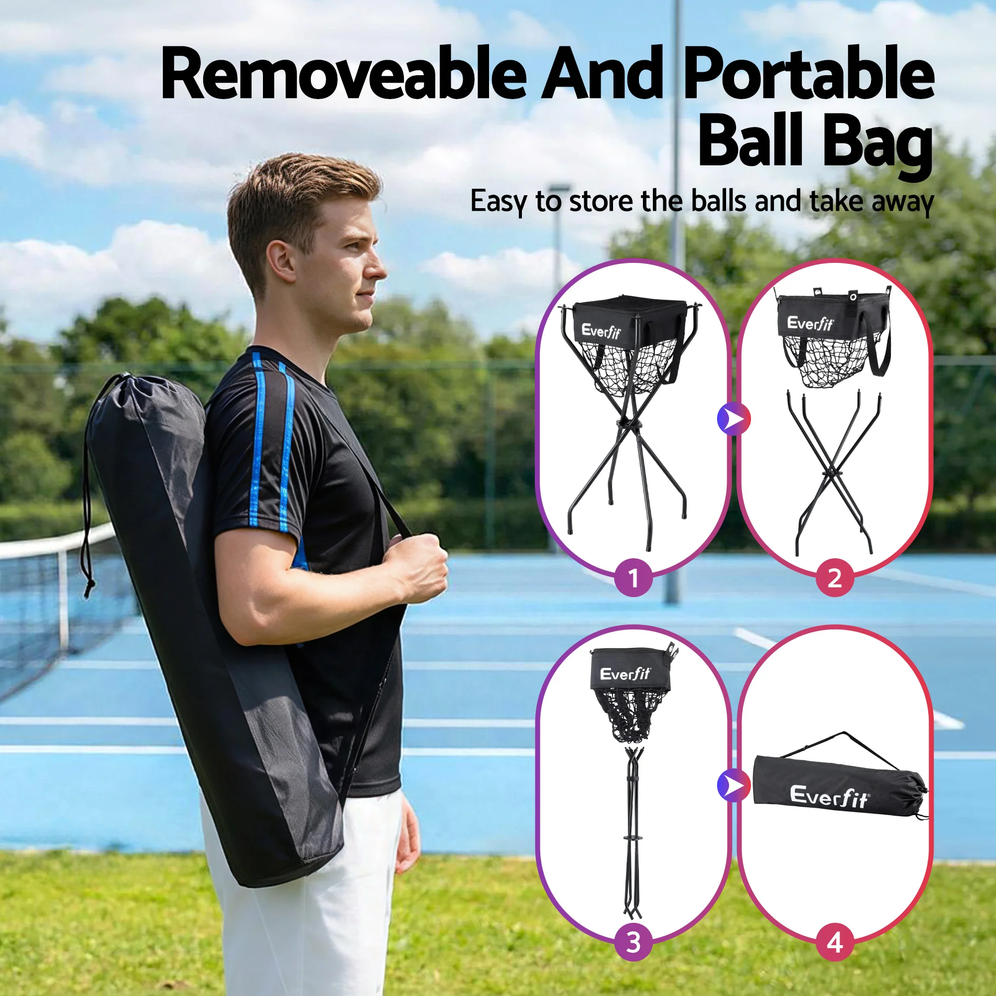 Everfit Portable Ball Cart Foldable Pickleball Tennis Baseball Softball - Image 5