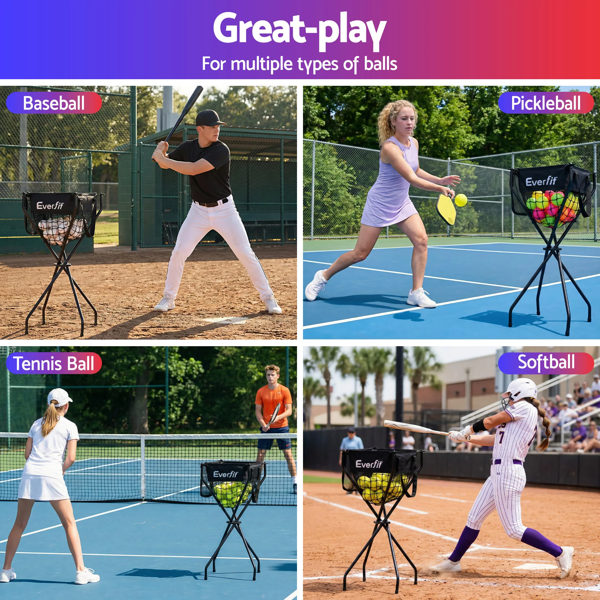 Everfit Portable Ball Cart Foldable Pickleball Tennis Baseball Softball - Image 6