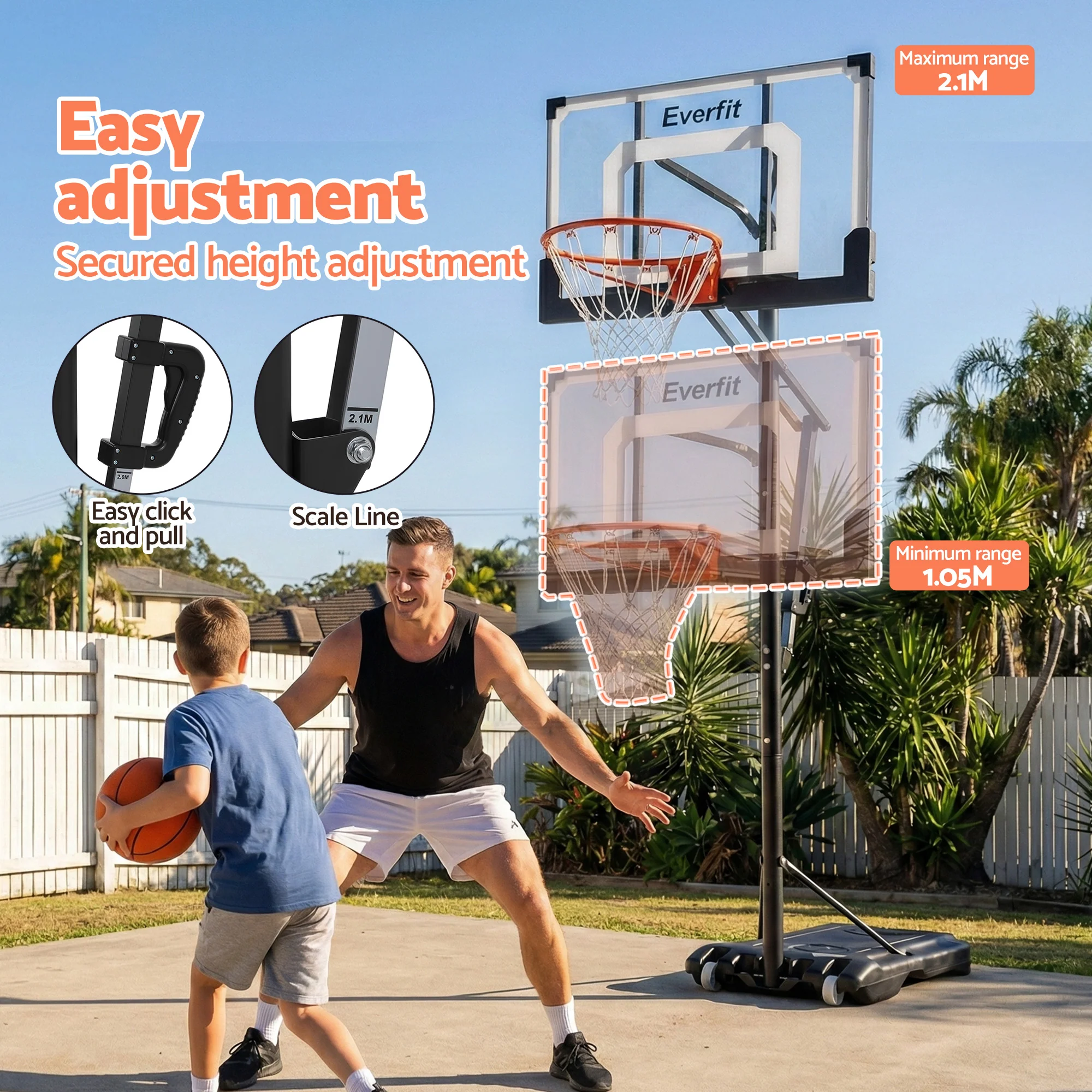 Everfit Portable Basketball Hoop Adjustable Pool Goal System Backyard 1.05M-2.1M - Image 4