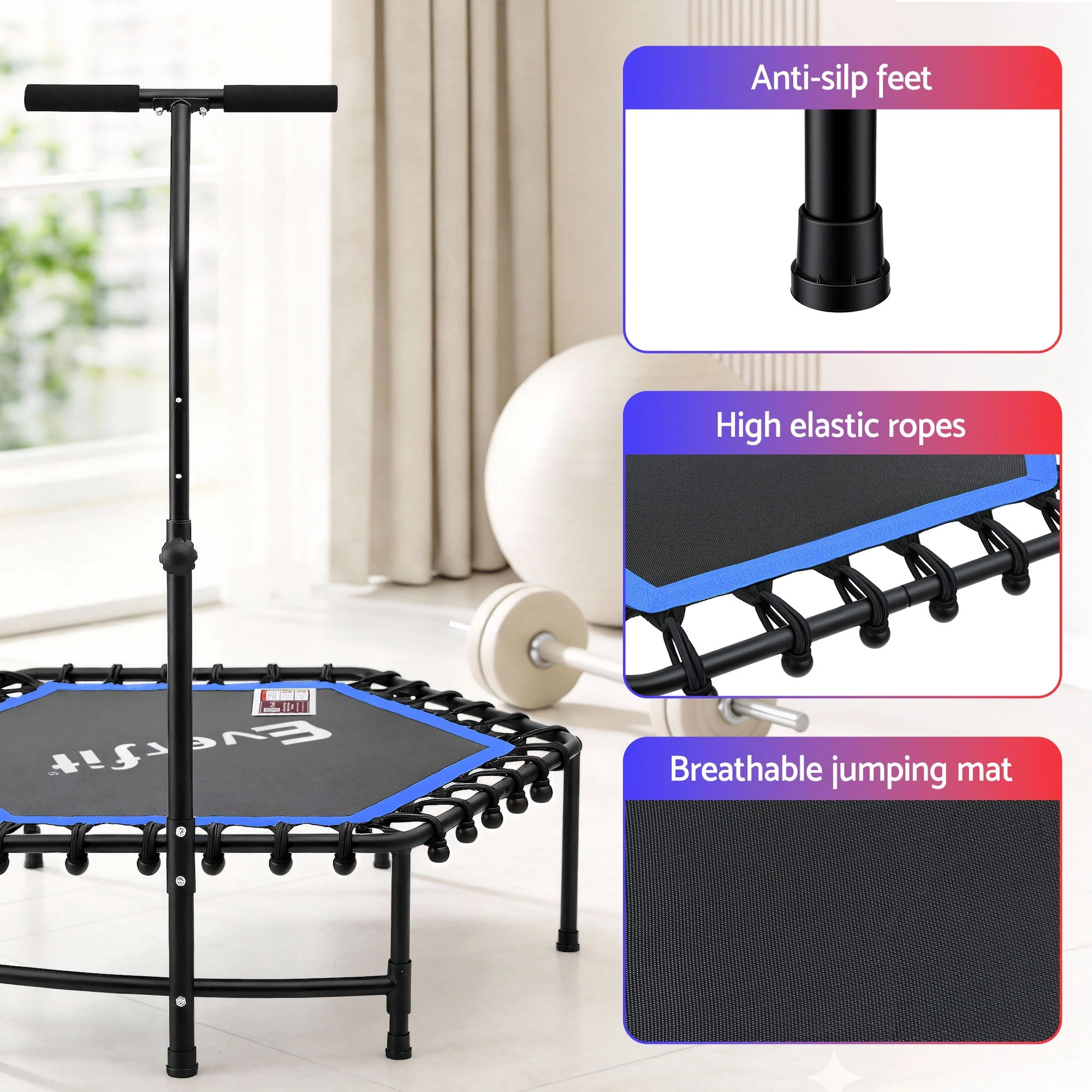 Everfit 48inch Hexagon Fitness Trampoline Rebounder Adjustable Handrail Blue - Image 6