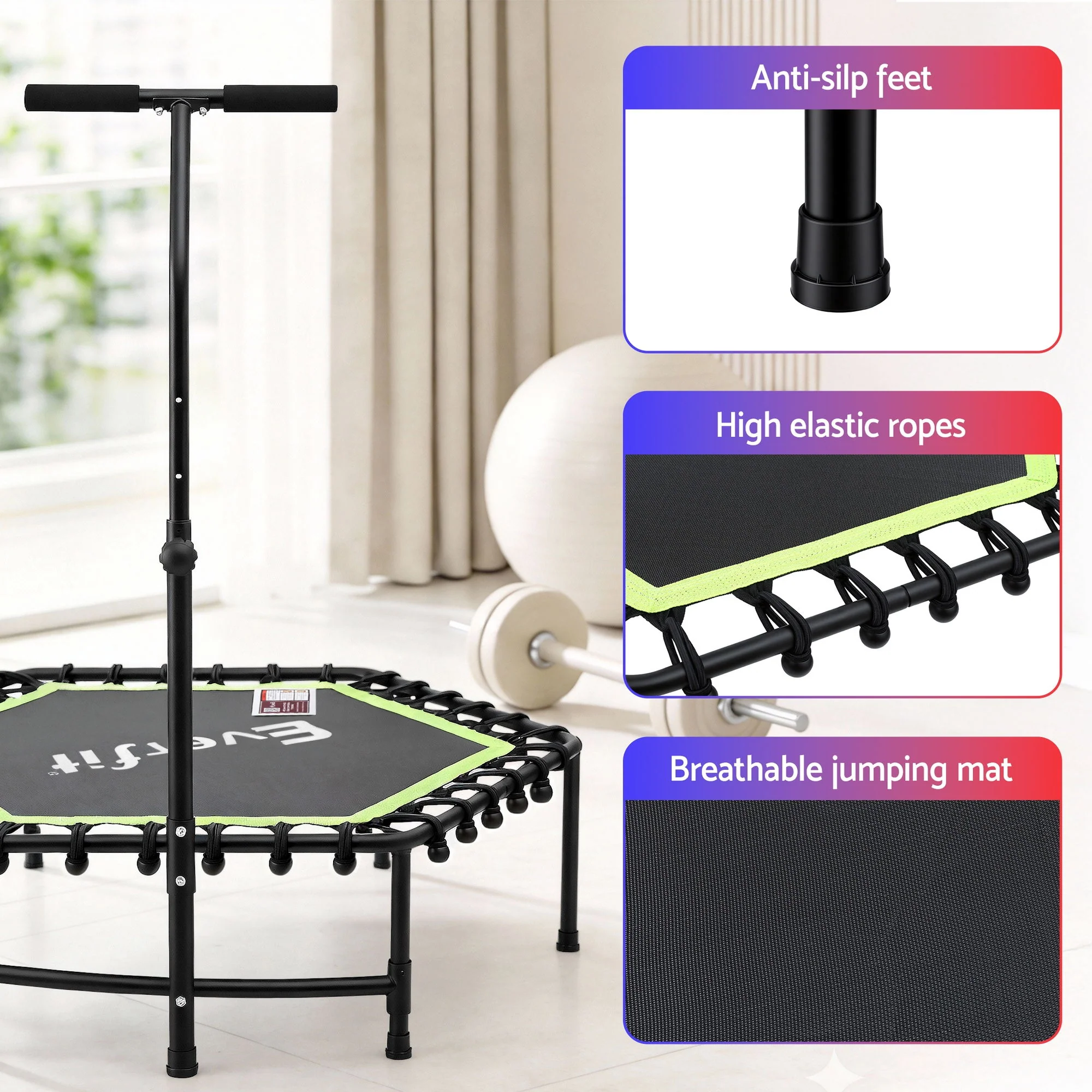 Everfit 48inch Hexagon Fitness Trampoline Rebounder Adjustable Handrail Green - Image 6