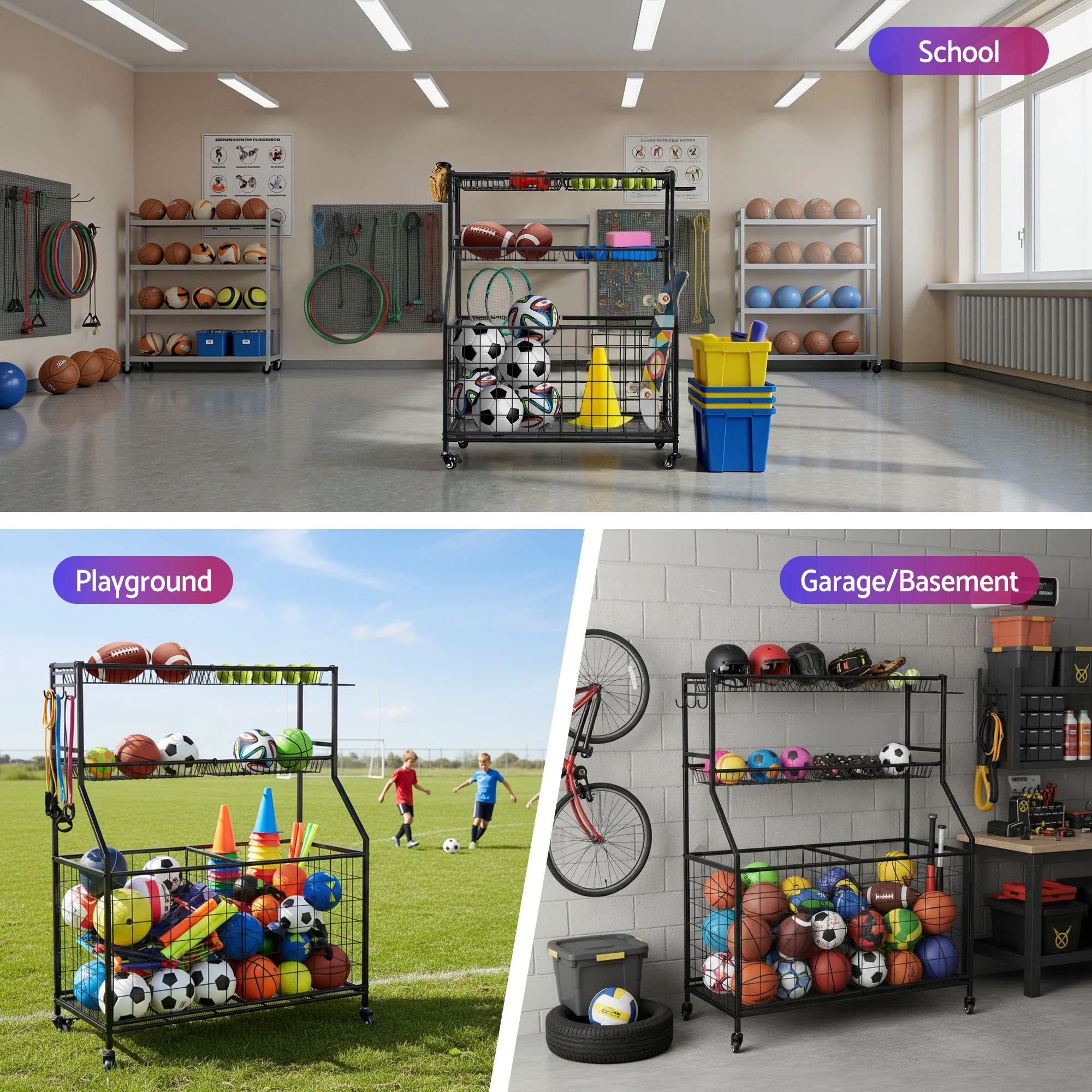 Everfit Sports Equipment Organizer Storage with Wheels Multi-Sport Garage Gym Black - Image 6