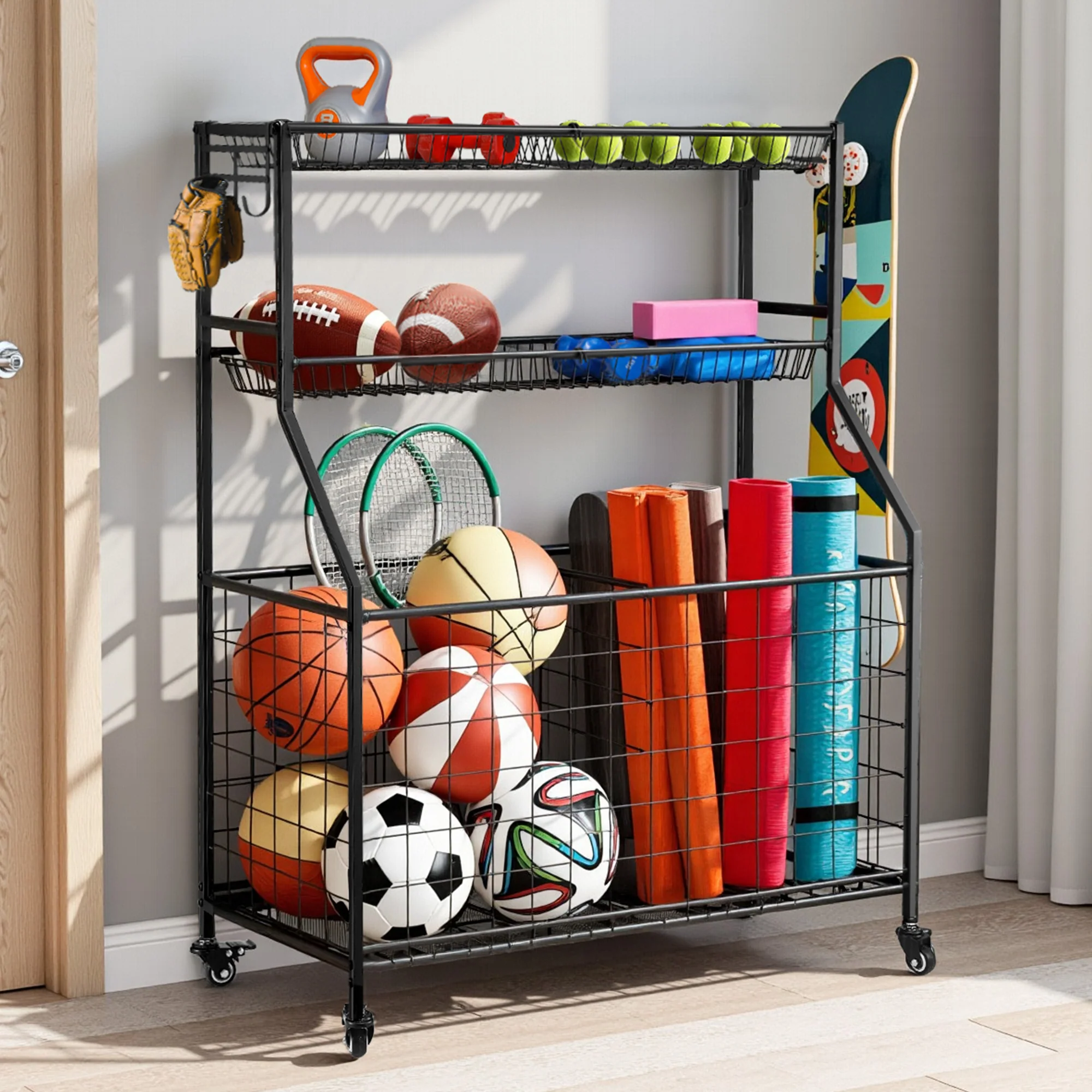 Everfit Sports Equipment Organizer Storage with Wheels Multi-Sport Garage Gym Black - Image 7