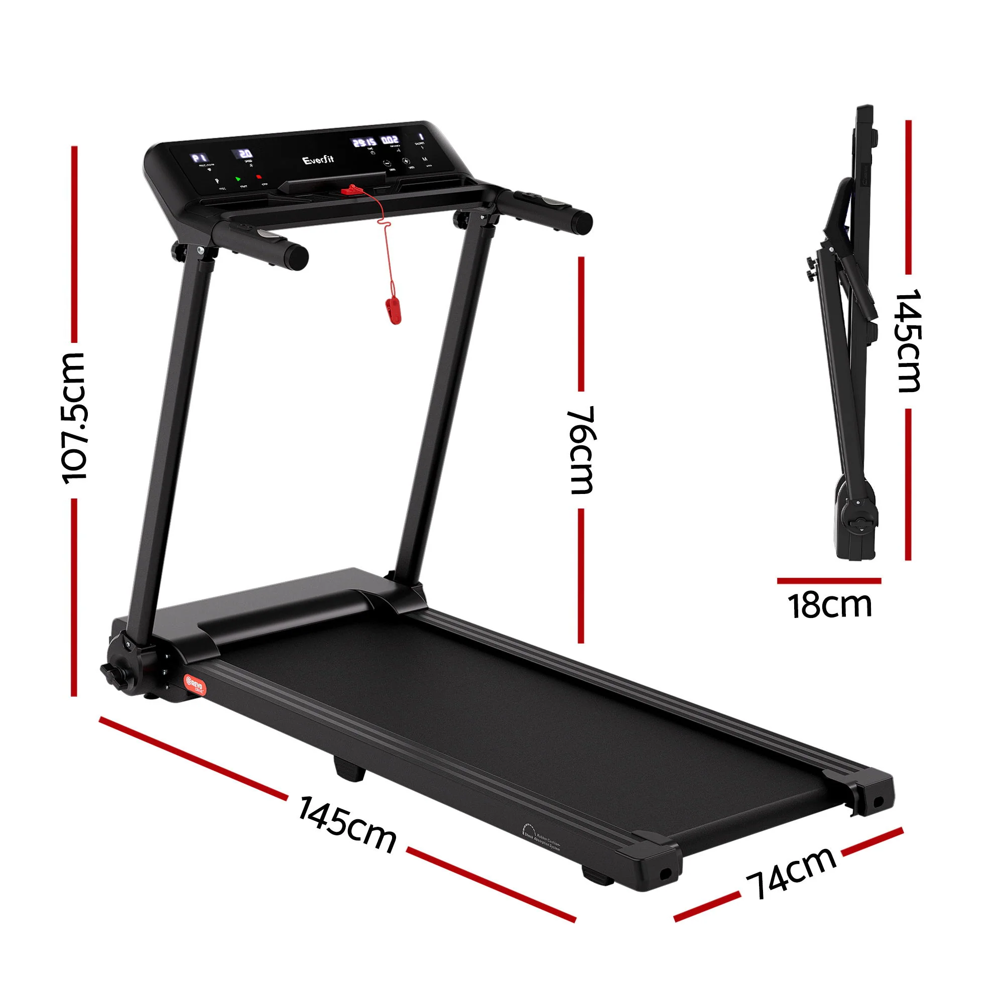 Everfit Treadmill Electric Home Gym Fitness Exercise Knob Foldable 450mm Black - Image 2