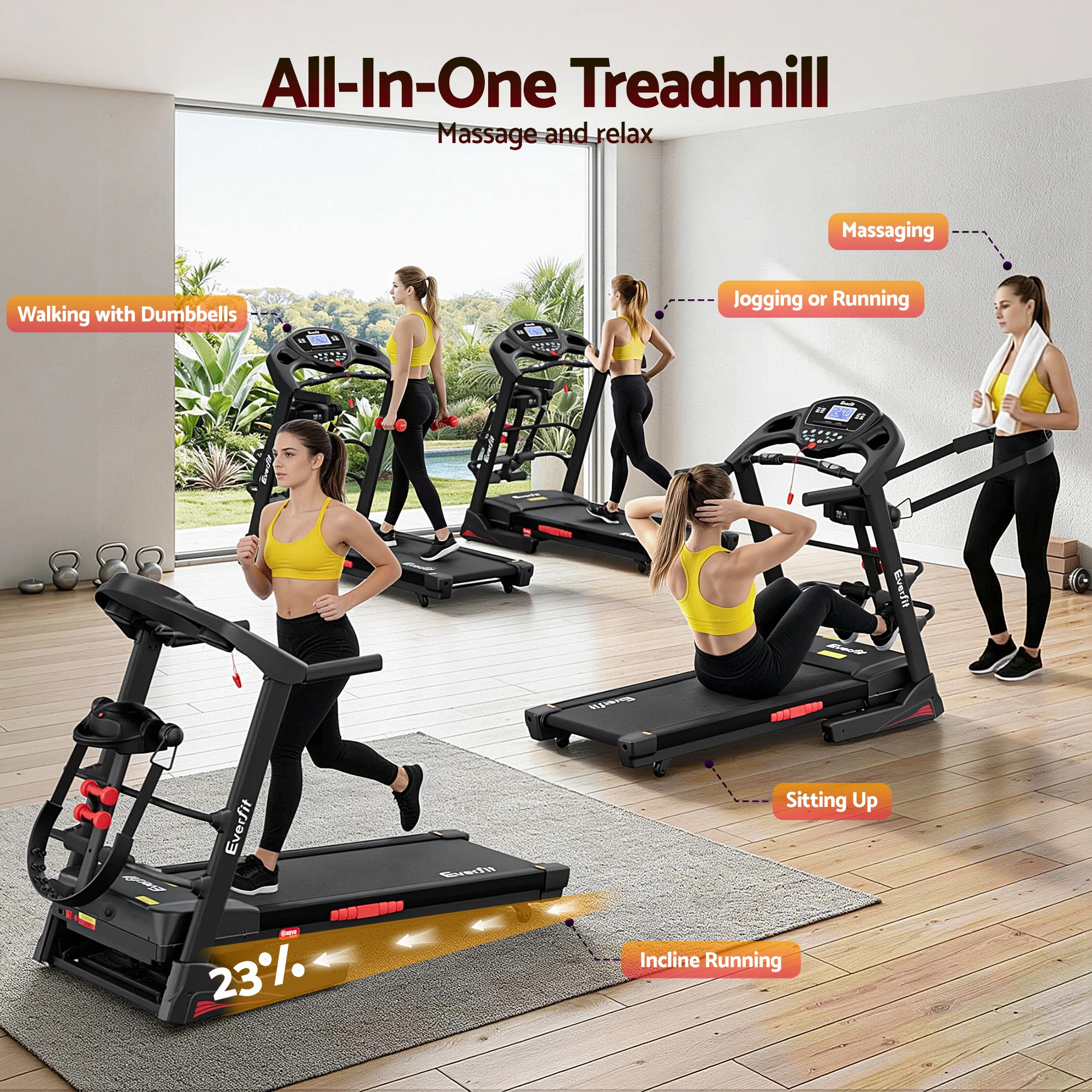 Everfit Treadmill Electric Home Gym Fitness Exercise Machine w/ Massager 480mm - Image 2