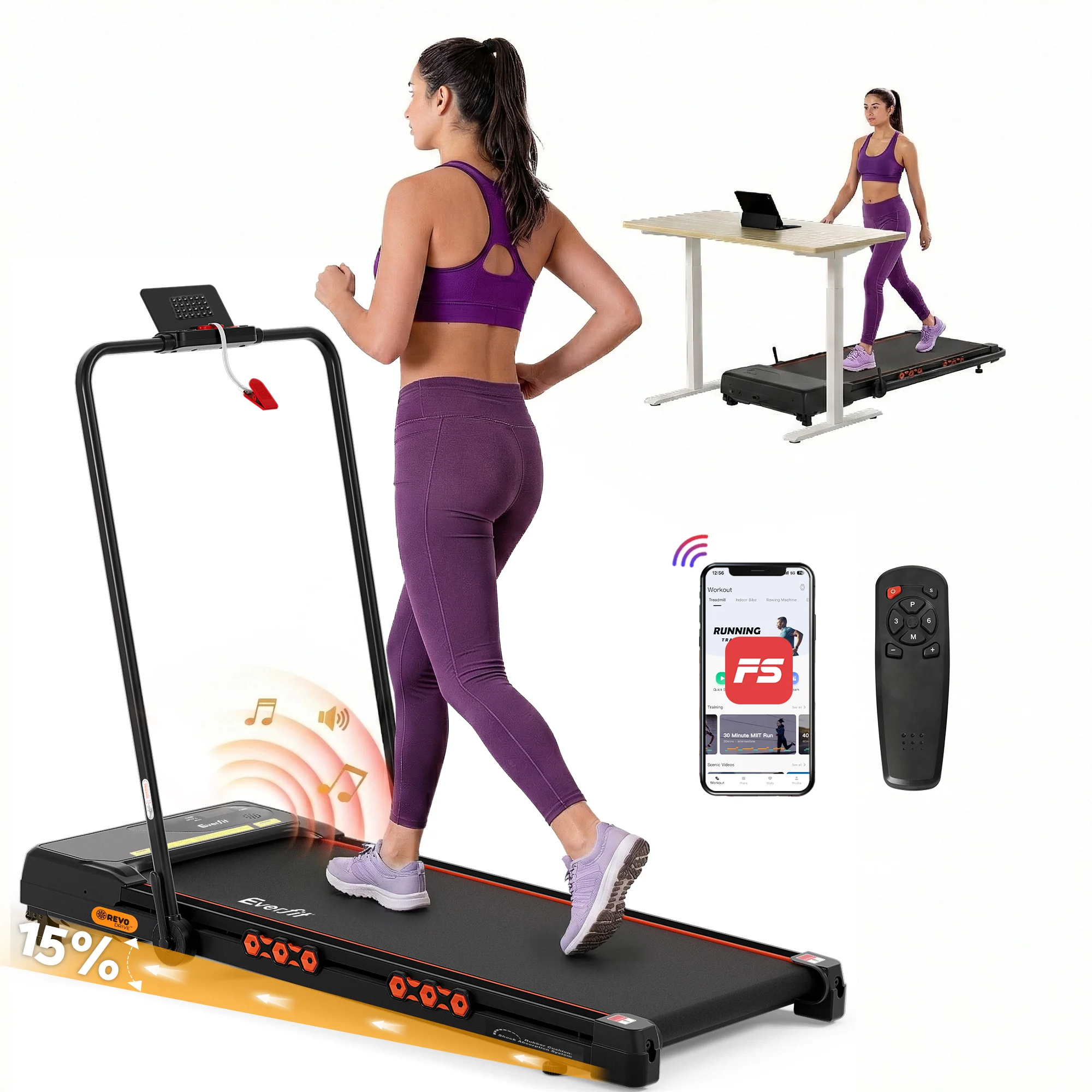 Everfit Treadmill Electric Walking Pad Auto Incline Foldable for Home Gym Black