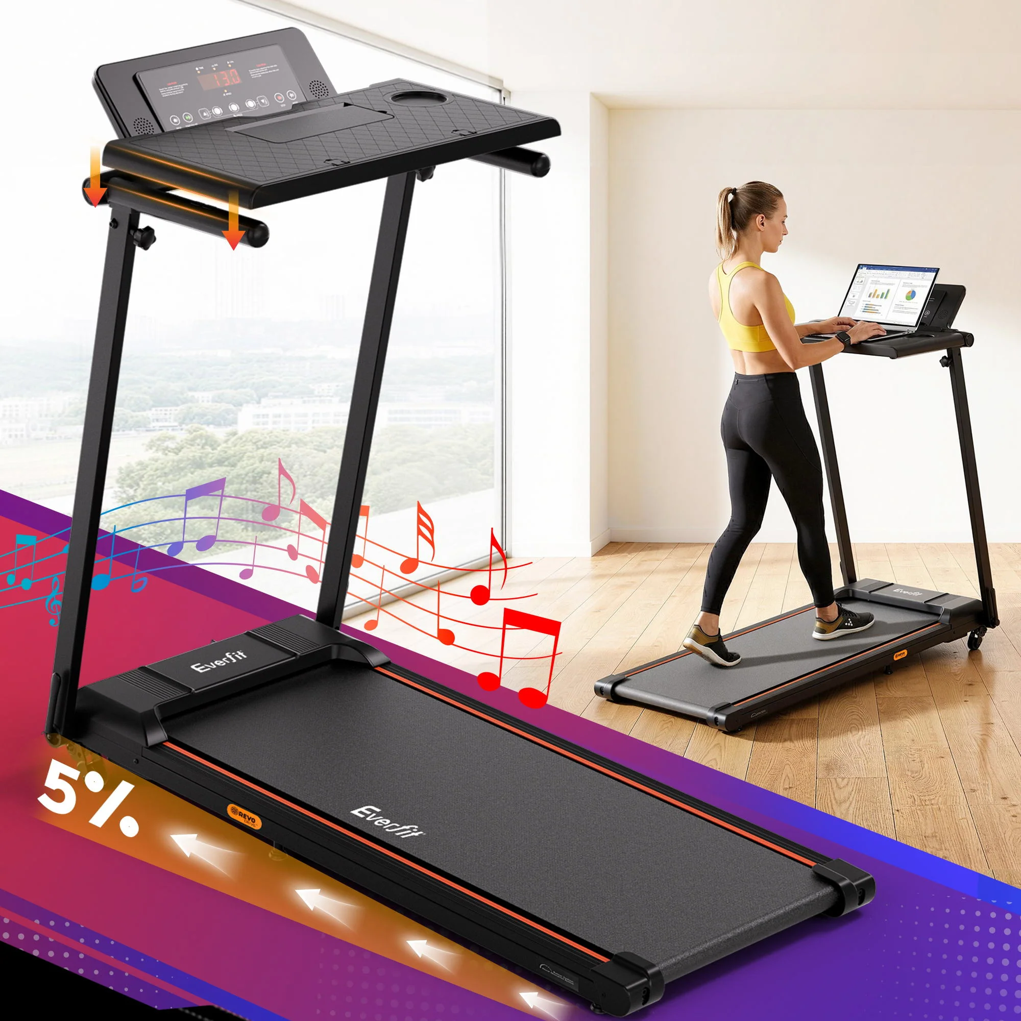 Everfit Treadmill Electric Walking Pad Foldable Incline for Home Office Gym Black - Image 8