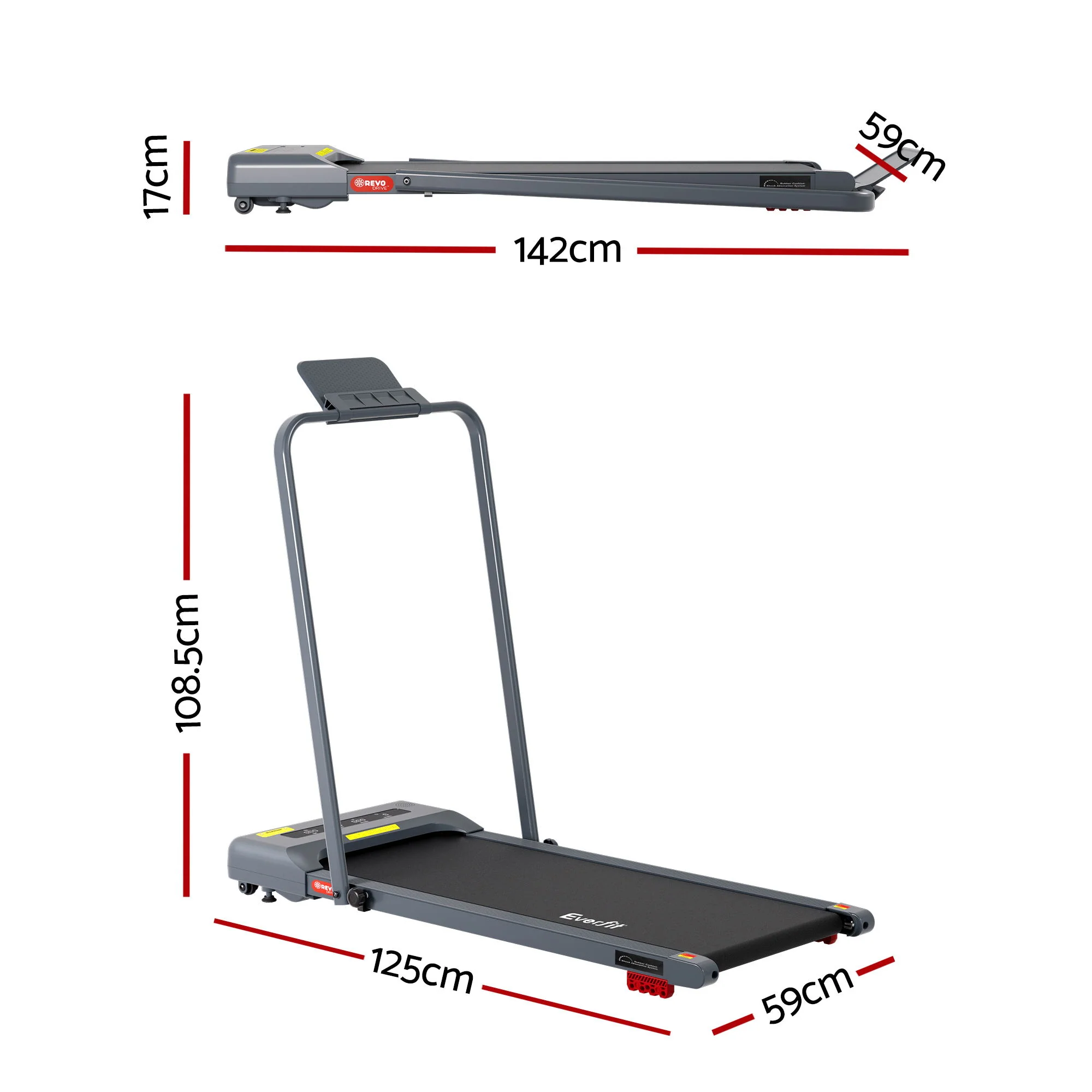 Everfit Treadmill Electric Walking Pad Incline Under Desk 380mm Grey - Image 2