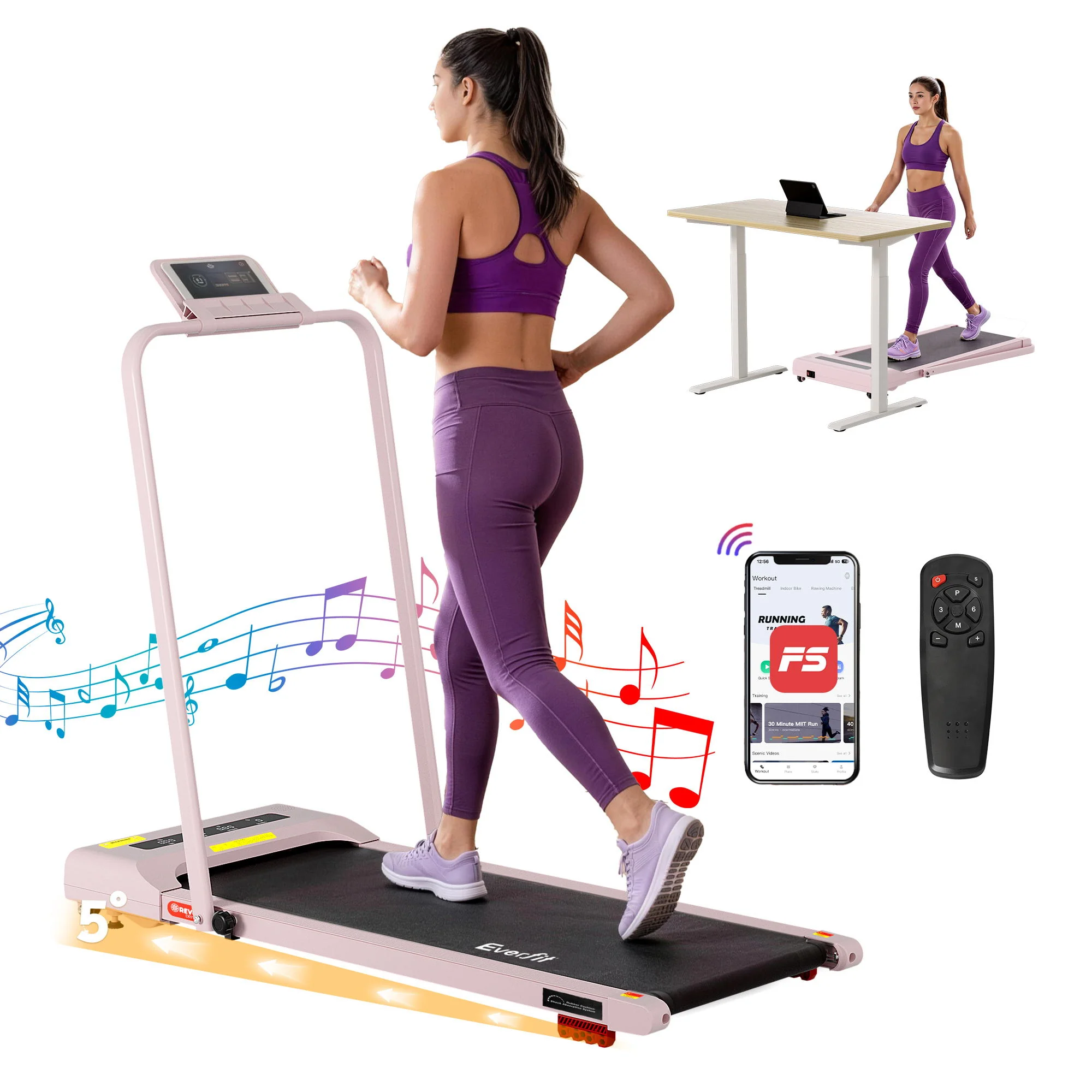 Everfit Treadmill Electric Walking Pad Incline Under Desk 380mm Pink