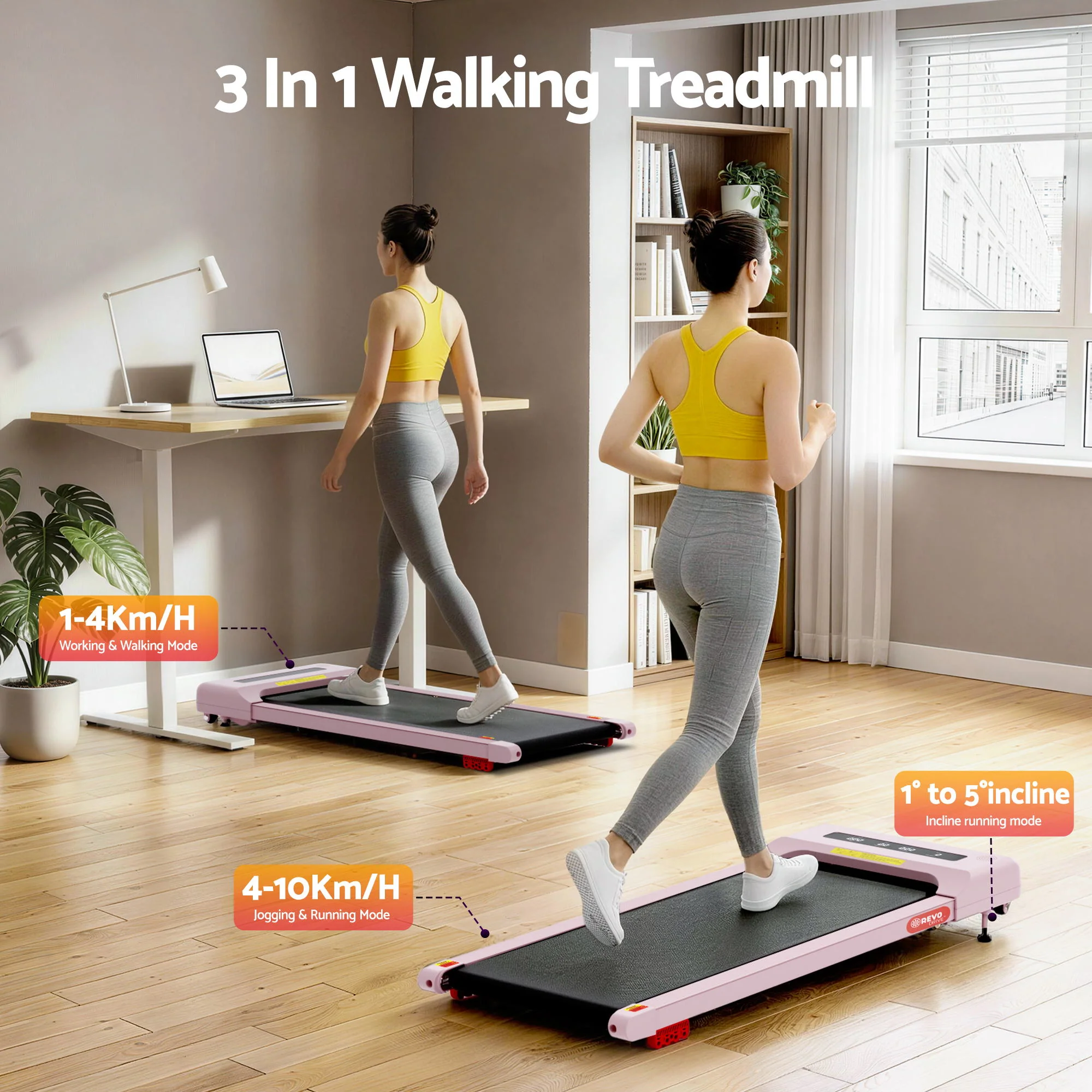 Everfit Treadmill Electric Walking Pad Incline Under Desk Home Gym 380mm Pink - Image 4