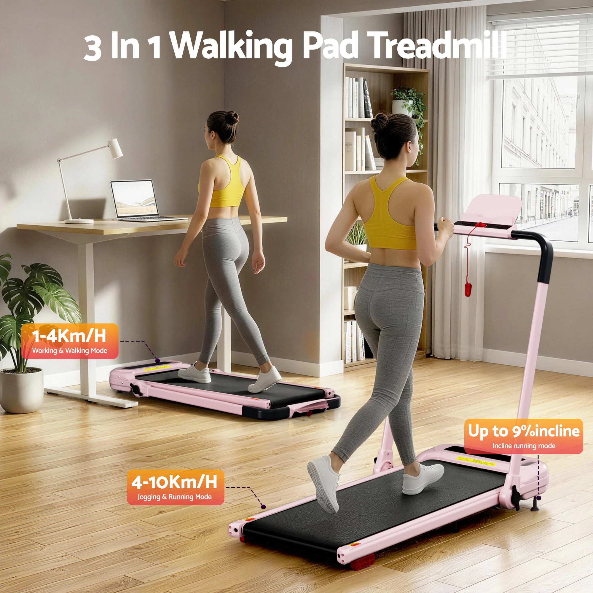 Everfit Treadmill Electric Walking Pad with Incline Foldable for Home Gym Pink - Image 2