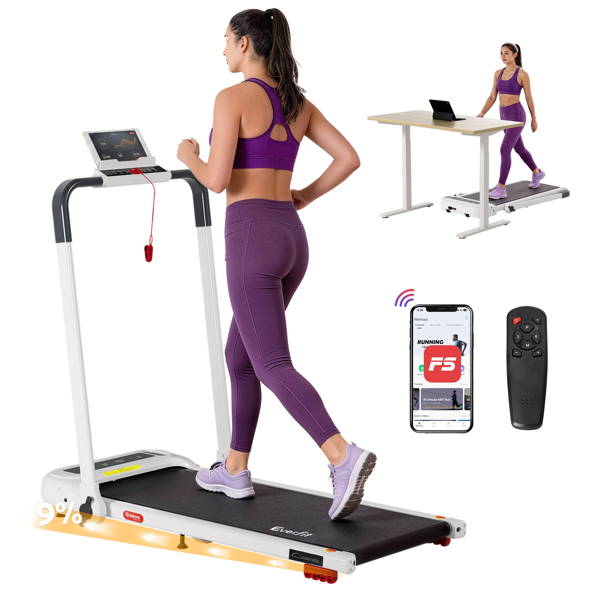 Everfit Treadmill Electric Walking Pad with Incline Foldable for Home Gym White
