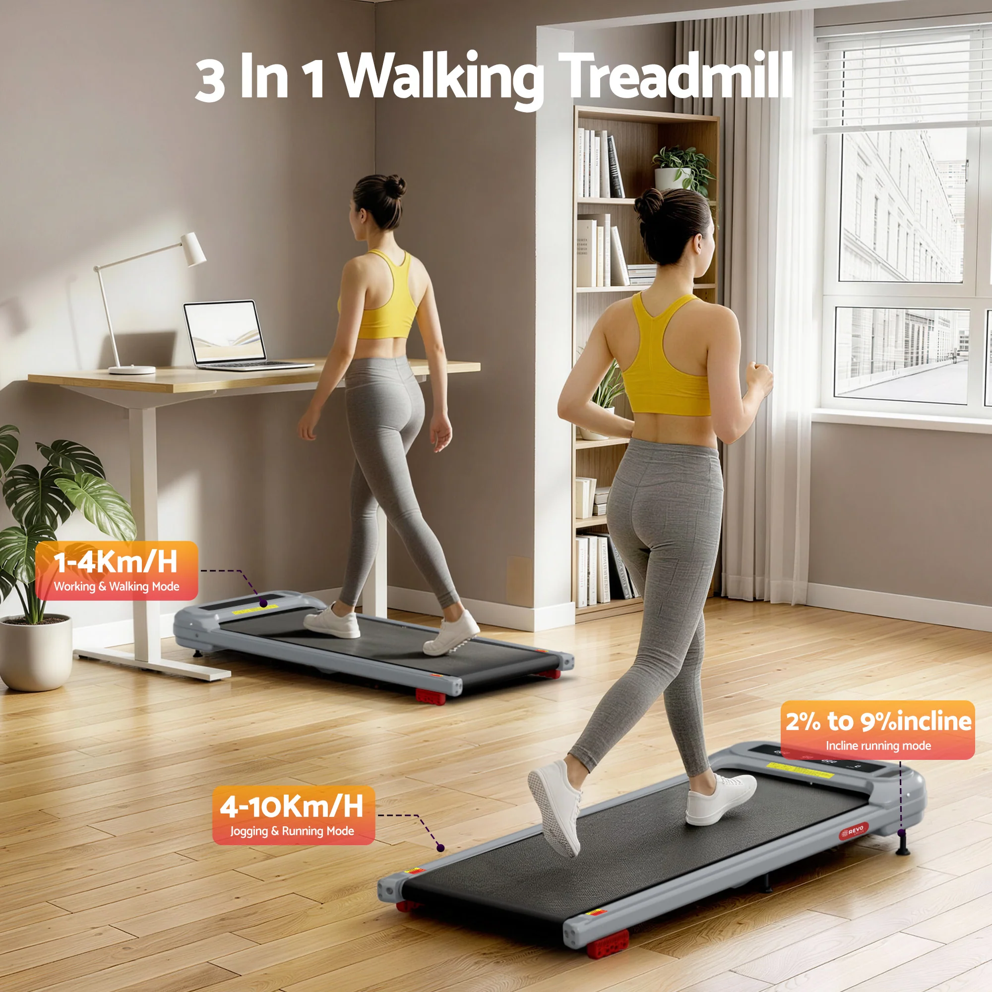 Everfit Treadmill Electric Walking Pad with Incline Under Desk Home Gym Grey - Image 2