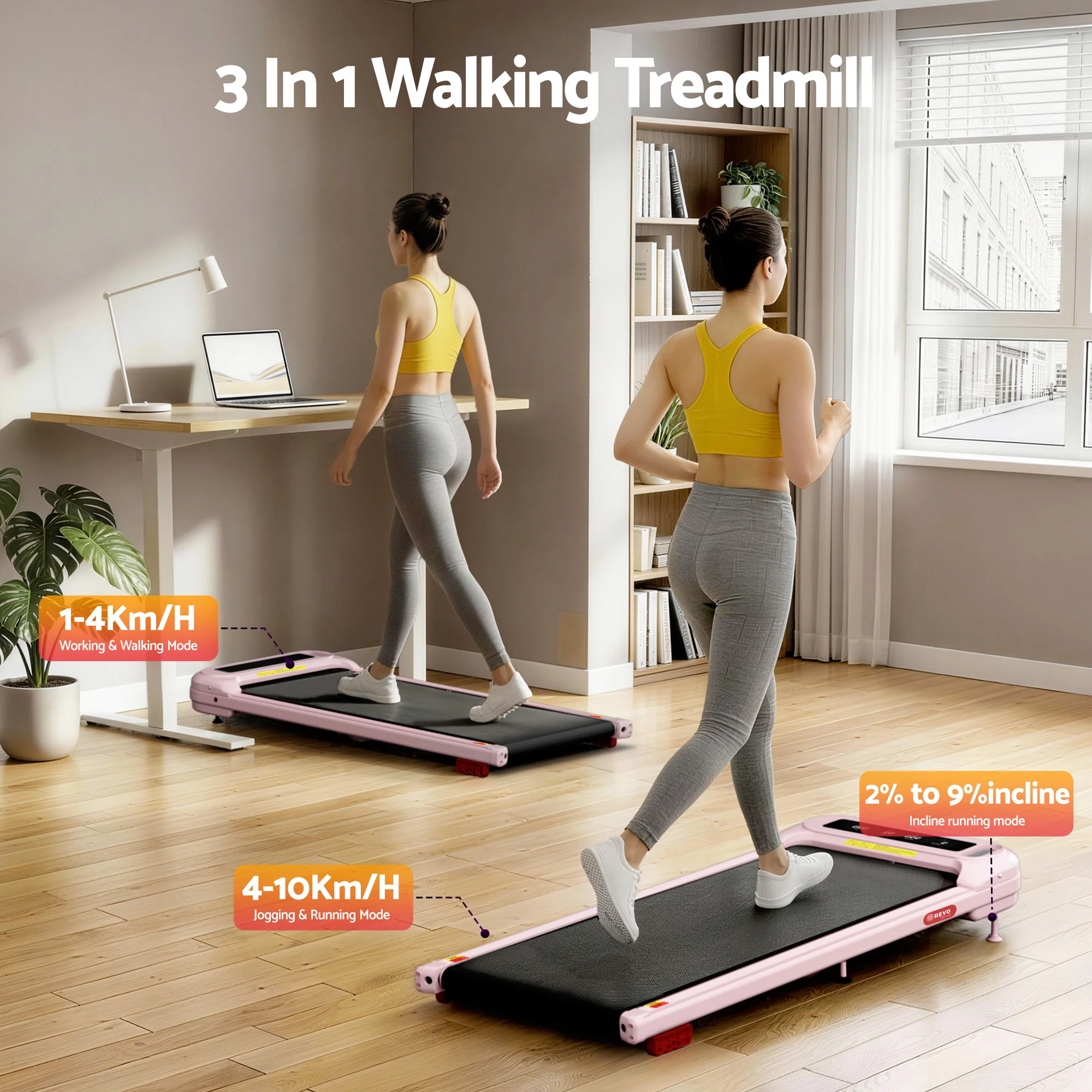 Everfit Treadmill Electric Walking Pad with Incline Under Desk Home Gym Pink - Image 2