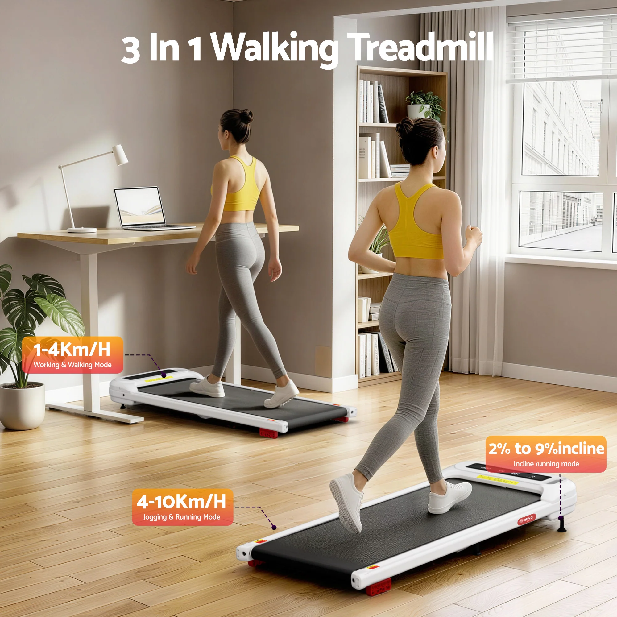 Everfit Treadmill Electric Walking Pad with Incline Under Desk Home Gym White - Image 2