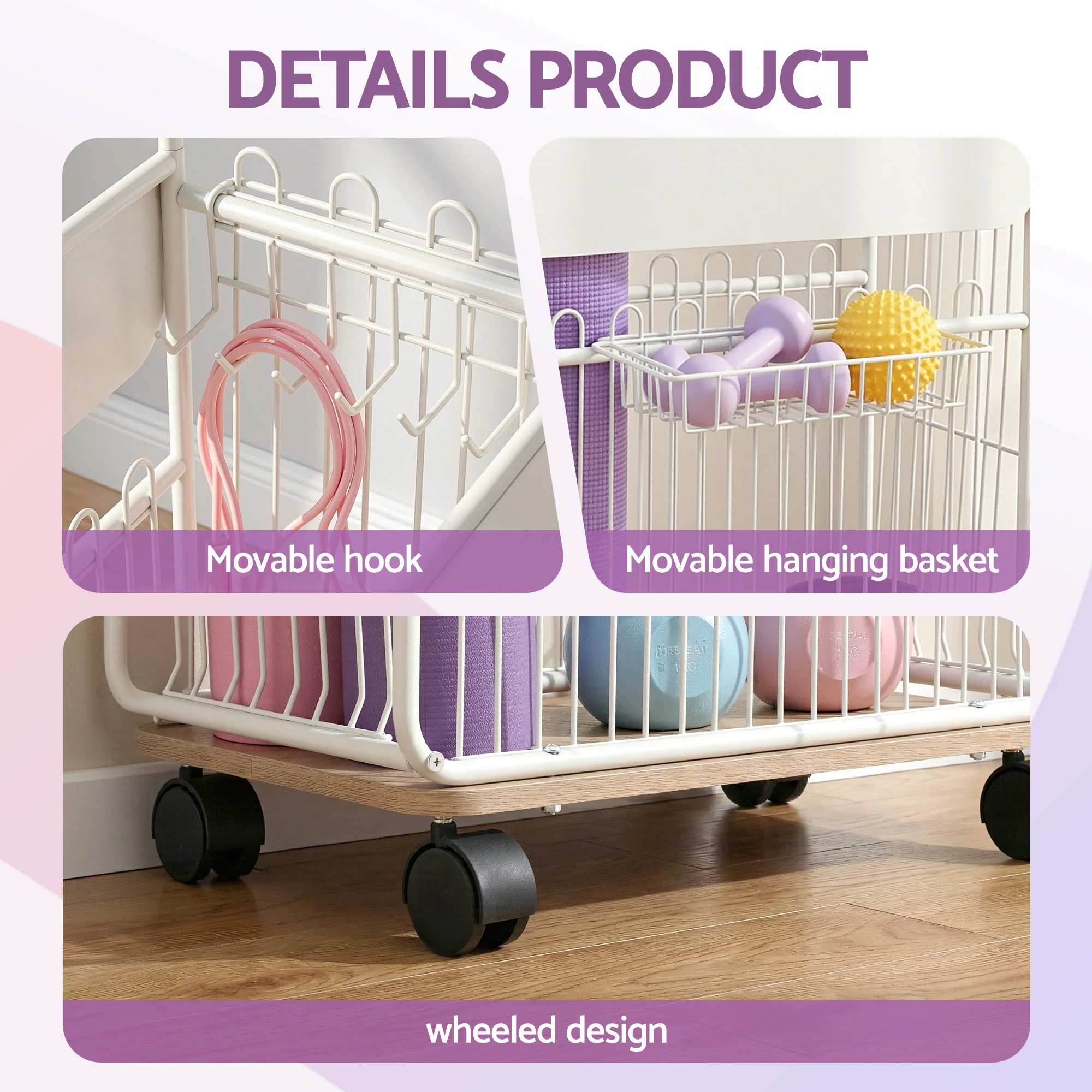 Everfit Yoga Mat Storage Rack Mobile Holder with Wheels Basket Home Gym Storage Organizer White - Image 6