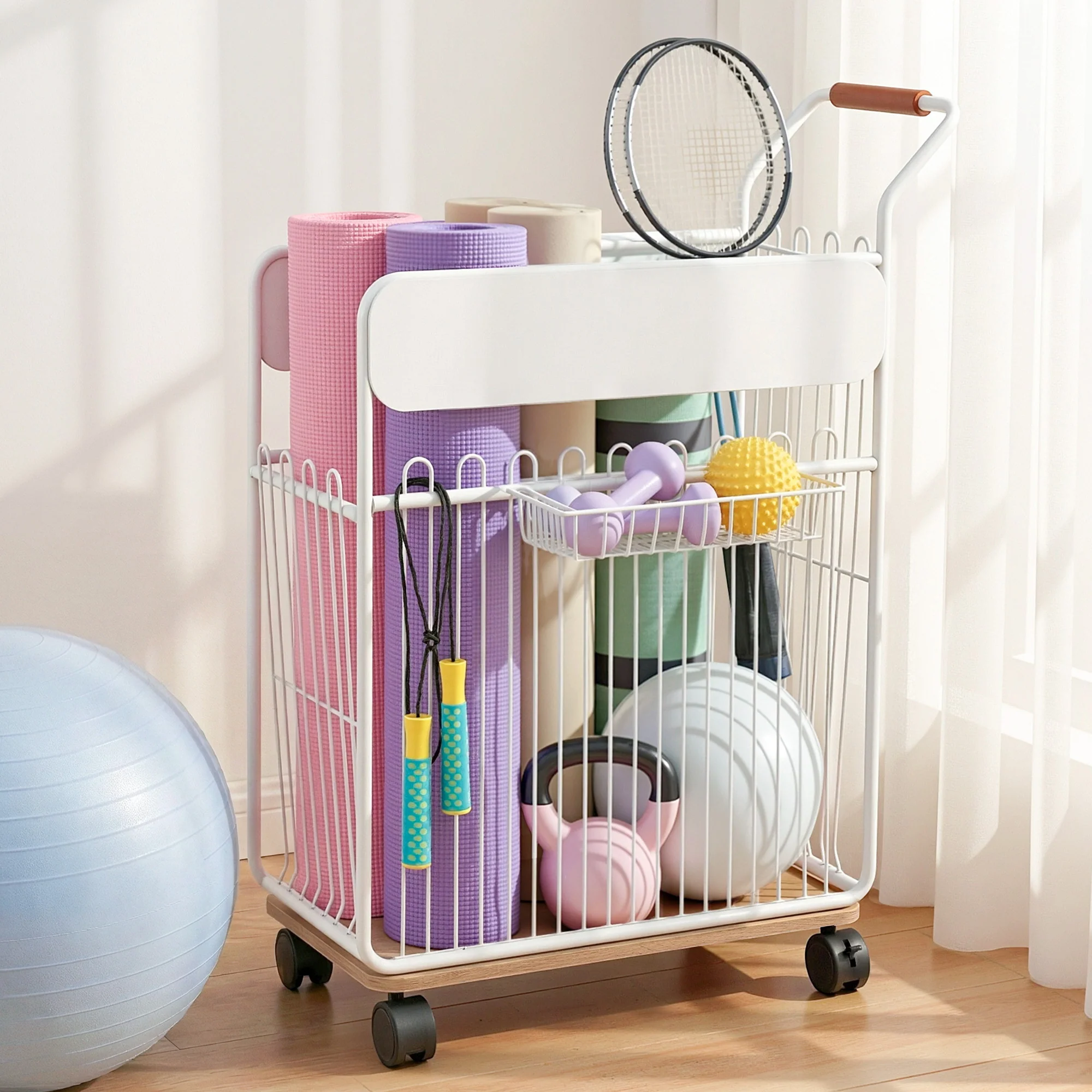 Everfit Yoga Mat Storage Rack Mobile Holder with Wheels Basket Home Gym Storage Organizer White - Image 7